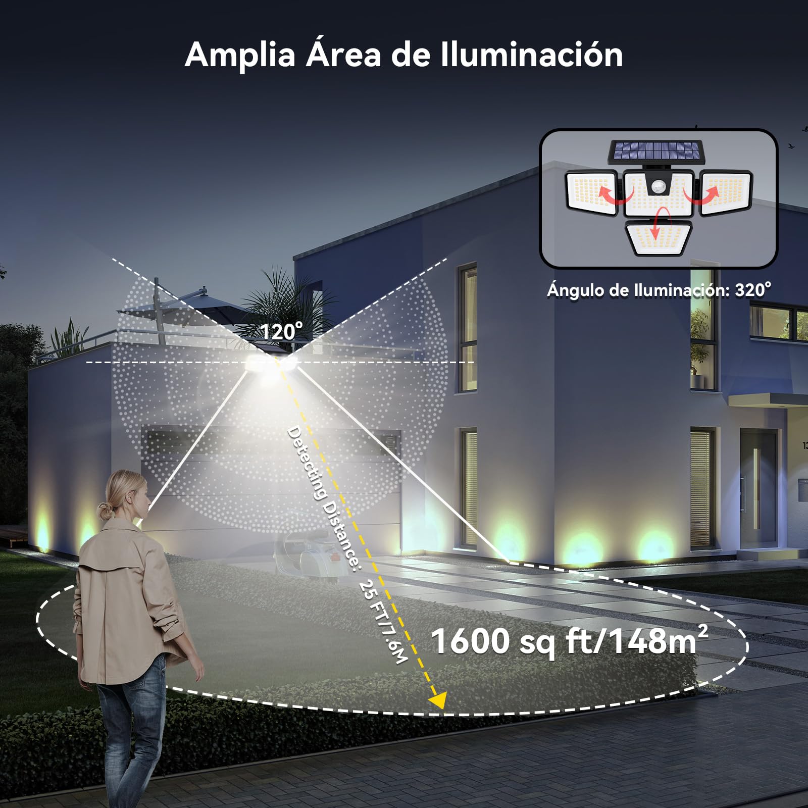 Kasonic - Luces solares para exteriores, 392 luces LED con sensor de movimiento, 4 cabezales de iluminación gran angular, IP65, luces solares de seguridad para porche, patio, garaje, paquete de 2