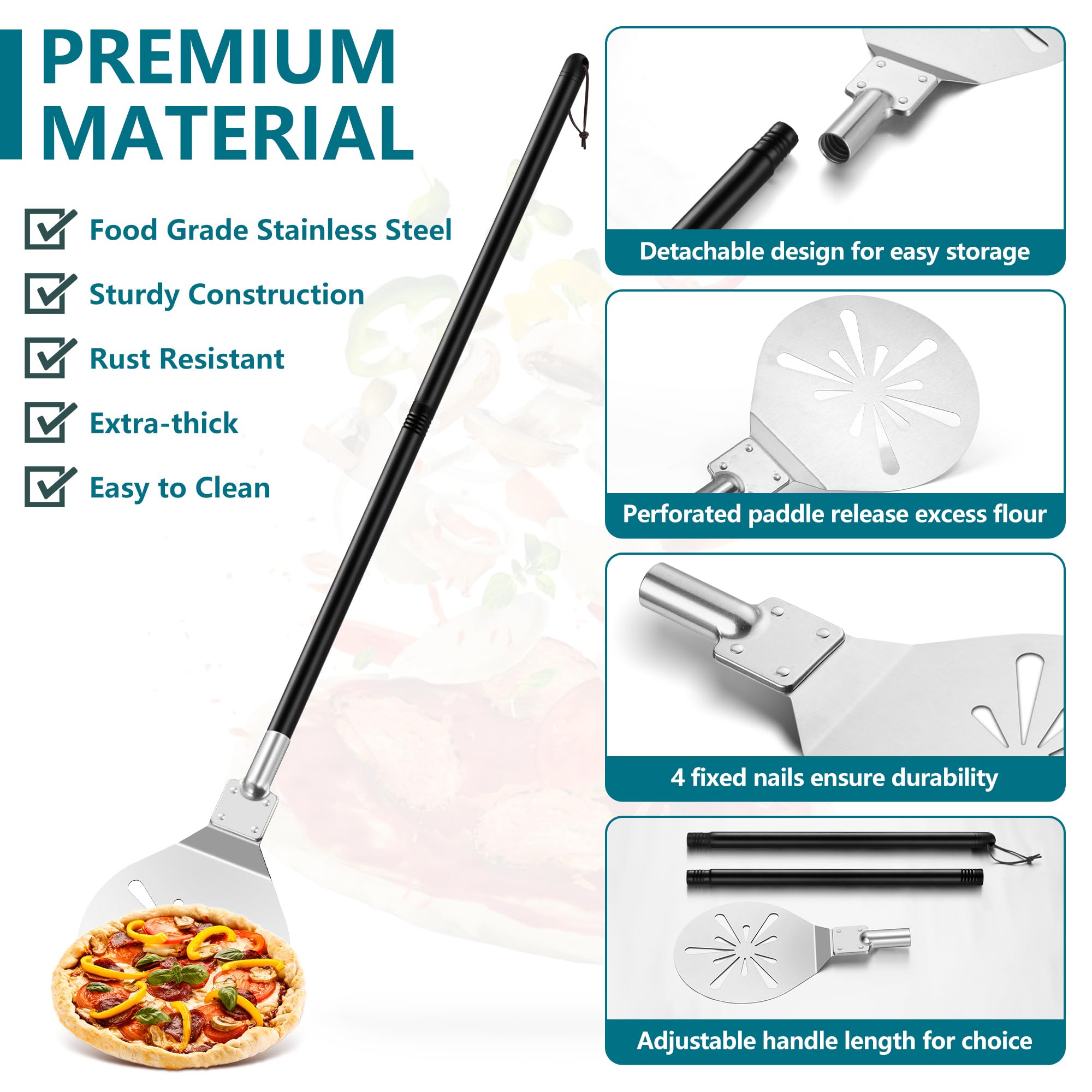 Herogo Pala rotante per pizza, spatola perforata in acciaio inox da 17,8 cm, accessori in metallo con manico staccabile, superficie liscia e adatta al forno
