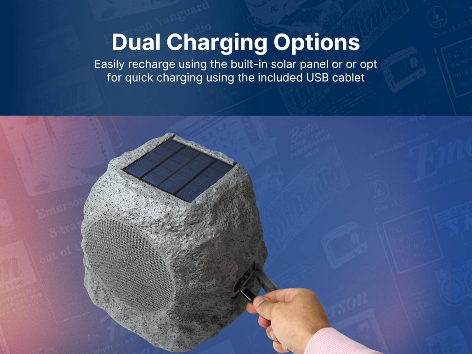 Emerson ERS-1001 Bluetooth Waterproof Outdoor Rock Speaker with Solar Charging, Built-in Rechargeable Battery, and Rugged Design – Ideal for Outdoor Music, Parties, and Backyard Entertainment