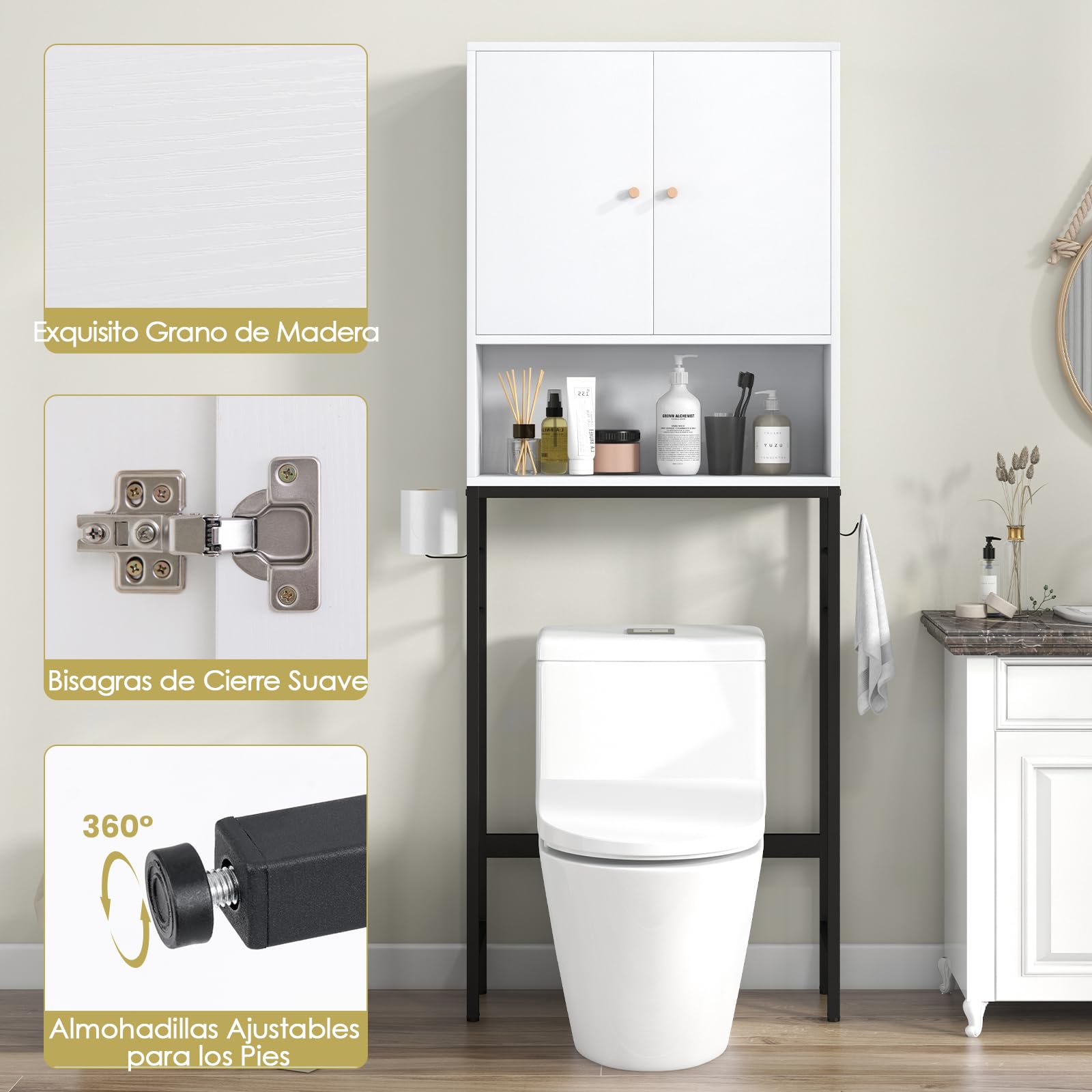 GOPLUS Armario sobre la Mesa del Inodoro, Armario de Baño con Doble Puerta, Compartimento Abierto, Estante Ajustable, Barra Inferior para Lavadero, 63x23x165,5cm (Blanco)