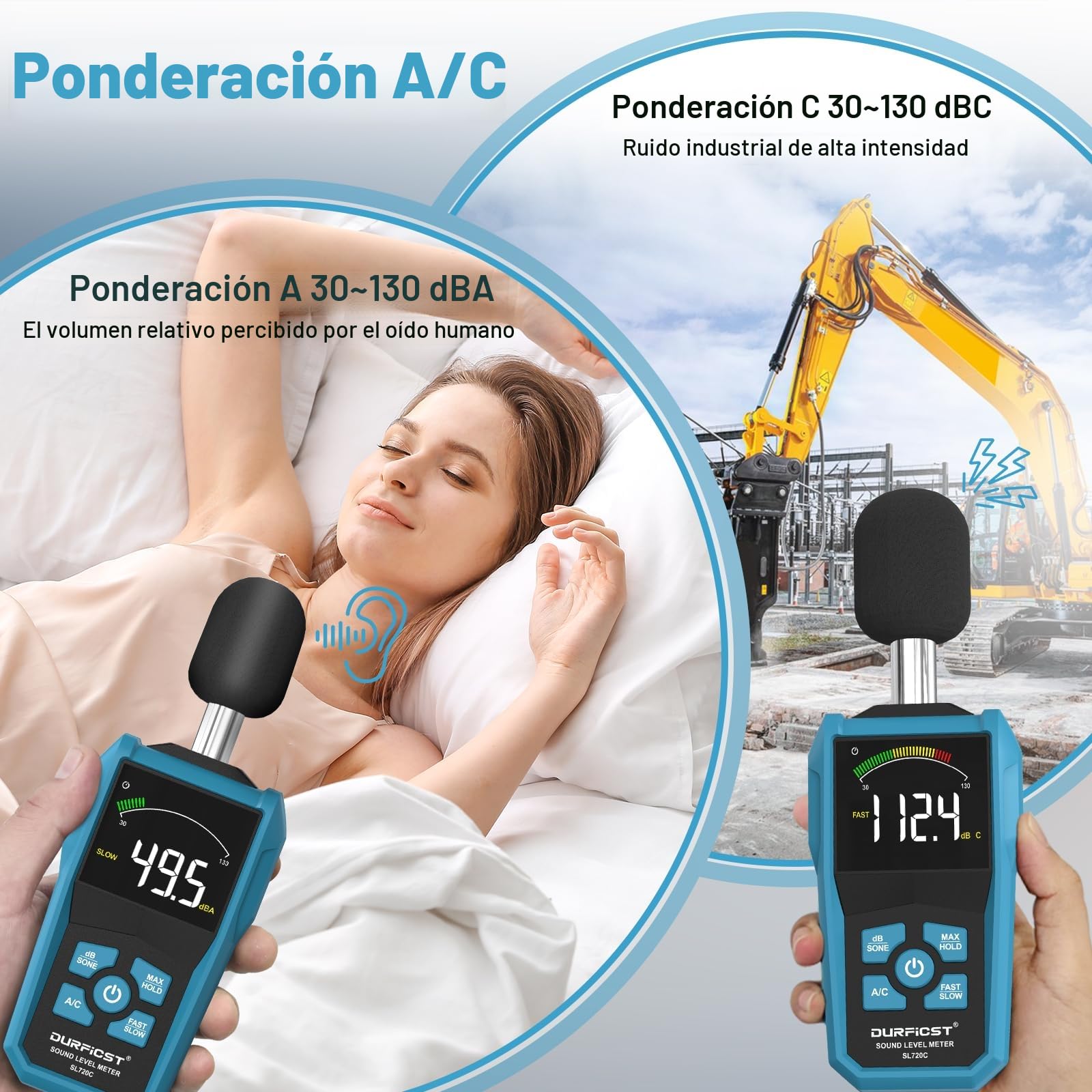 DURFICST Sonómetro Medidor de Decibelios Portátil Decibelímetro dB SONE Pantalla LCD Aula Oficina Fábrica
