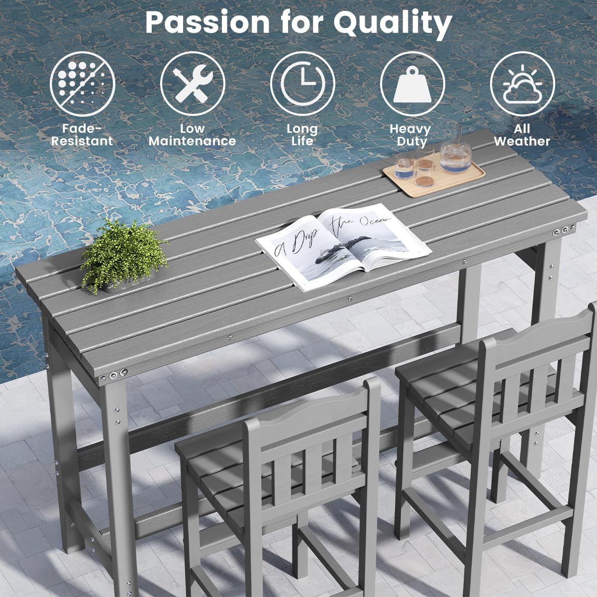 Sundale Outdoor Bar Table, 41 Inch Height Adirondack Rectangle Bar Table, All Weather Patio Bar Counter Height Table for Outside Backyard Balcony Poolside (Grey)