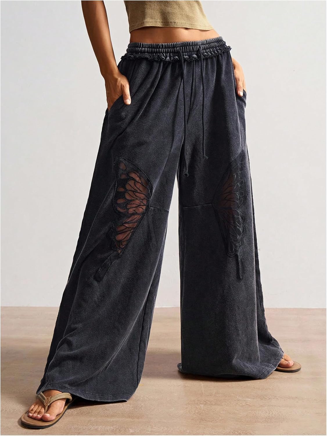 Women's Butterfly Cutout Baggy Pants Y2k Drawstring Waist Wide Leg Loose Trousers with Pockets - Image 5
