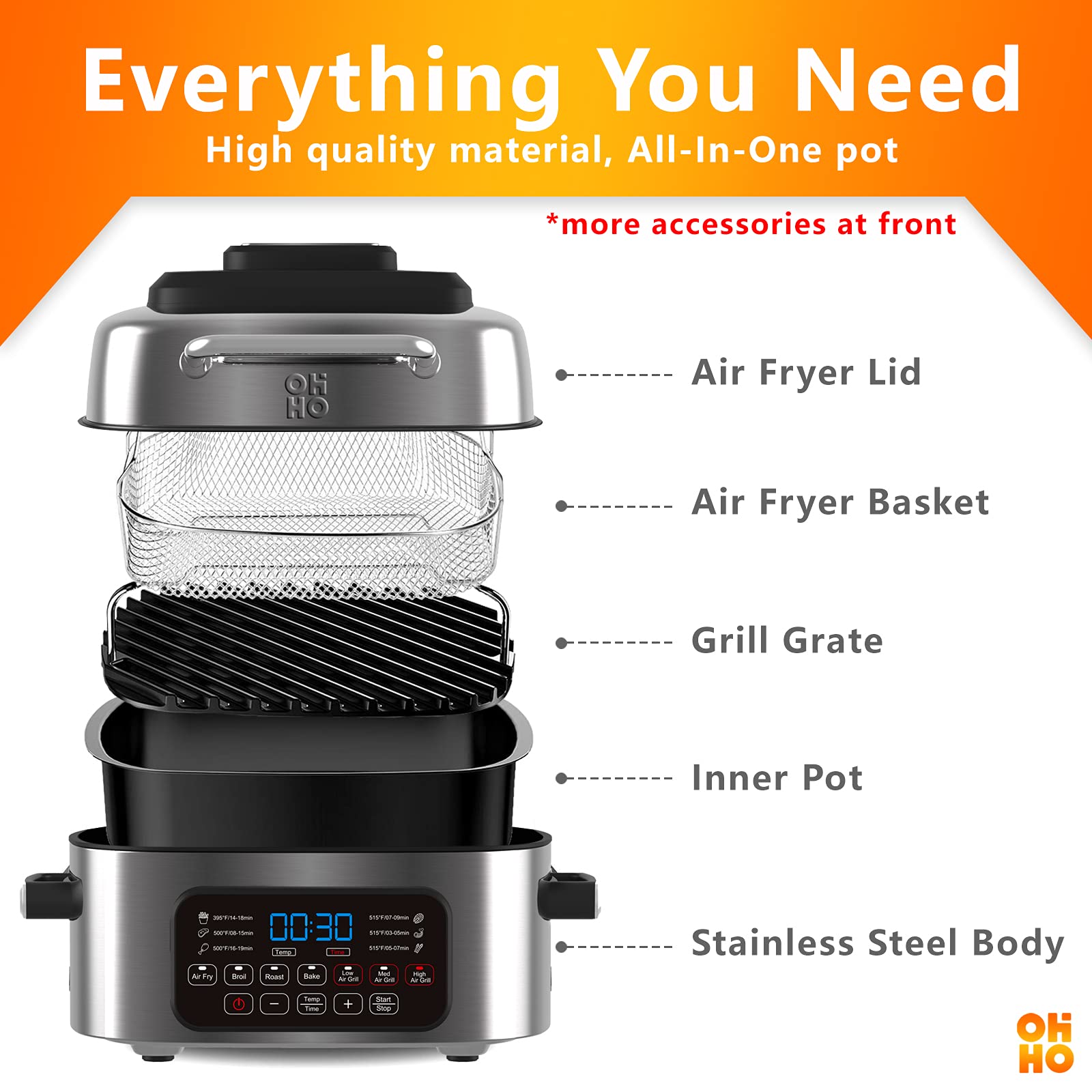 OHHO Stainless Steel 7In1 Air Fryer Grill 6.5QT Combo with Digital