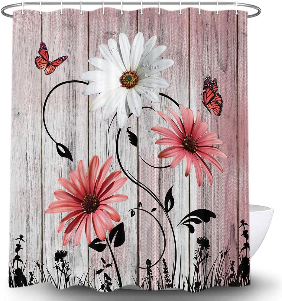 Rustic Farmhouse Floral Shower Curtain, Farm Teal Daisy Floral Butterfly Old Plank Rustic Shower Curtain, Turquoise Blue Fabric Bathroom Accessory Set with Hooks, 69 x 70, Red image 4