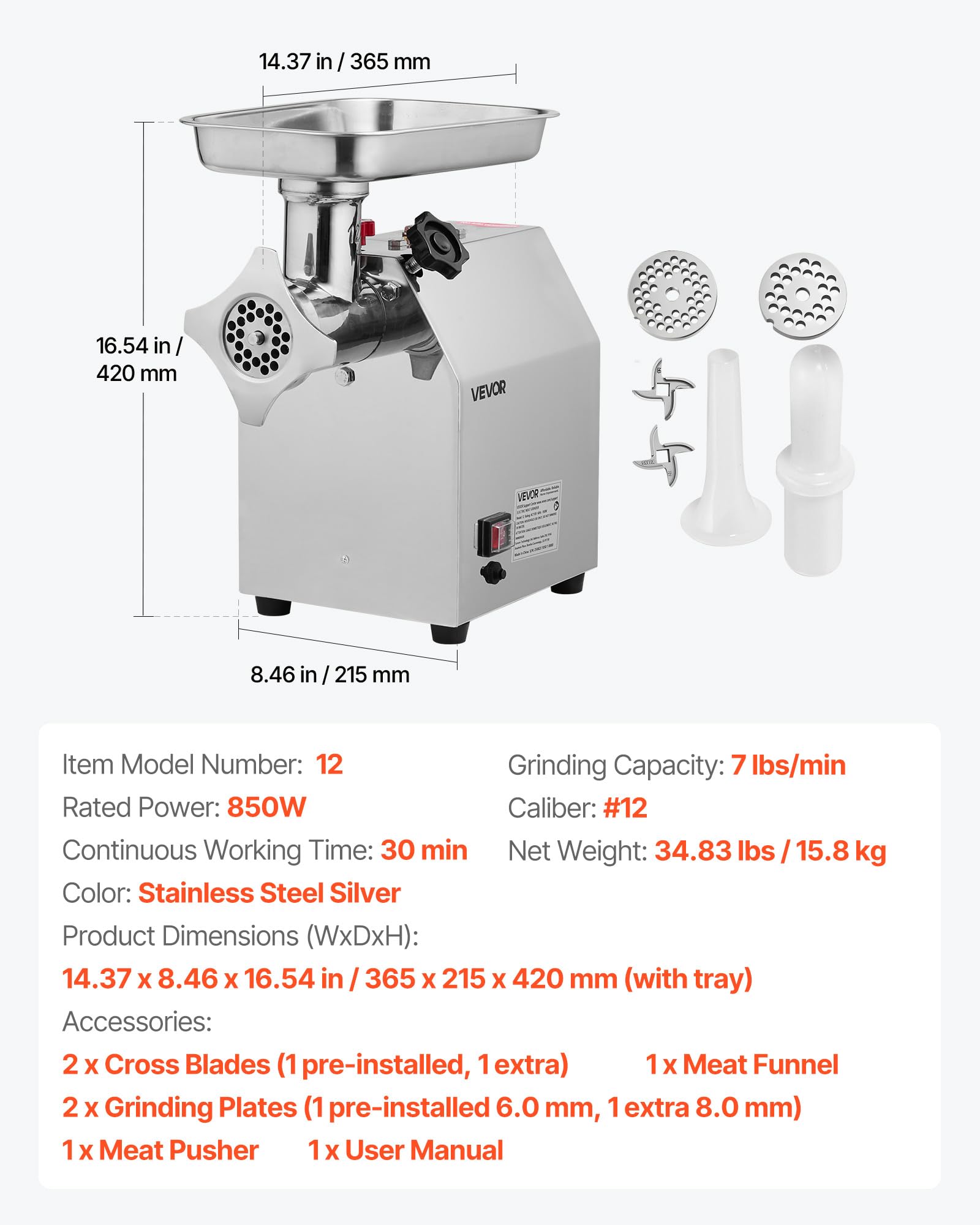 VEVOR Picadora de carne eléctrica comercial, capacidad 3 kg/min, picadora industrial n. ° 12 con 2 cuchillas de acero inoxidable, 2 discos de molienda, relleno de salchichas para cargas pesadas