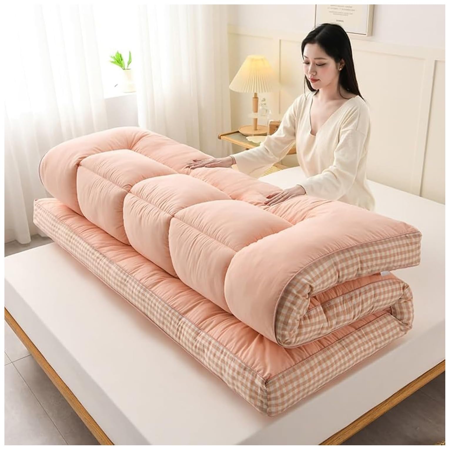 Materasso futon giapponese extra spesso, pieghevole, letto da pavimento per campeggio e uso domestico, tappetino tradizionale (beige, 90 x 200 cm), materasso da pavimento comodo e portatile.