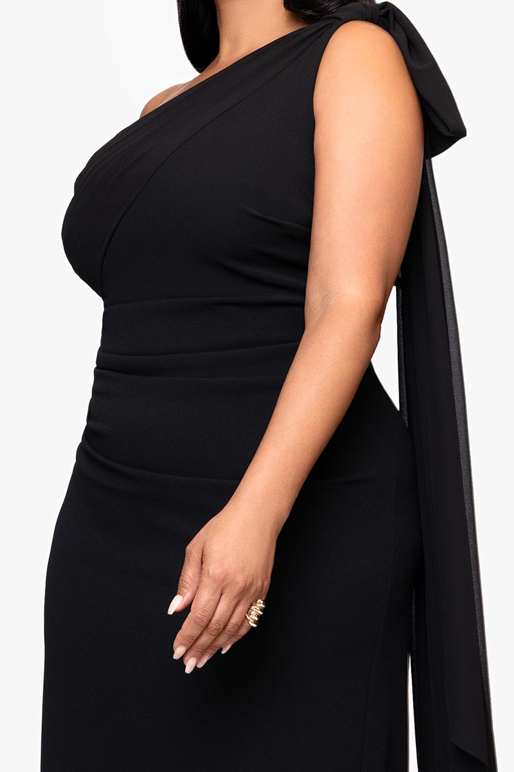 Xscape Women's Scuba Crepe Asymmetrical Neck and Chiffon Sash Floor Length Dress (Plus)