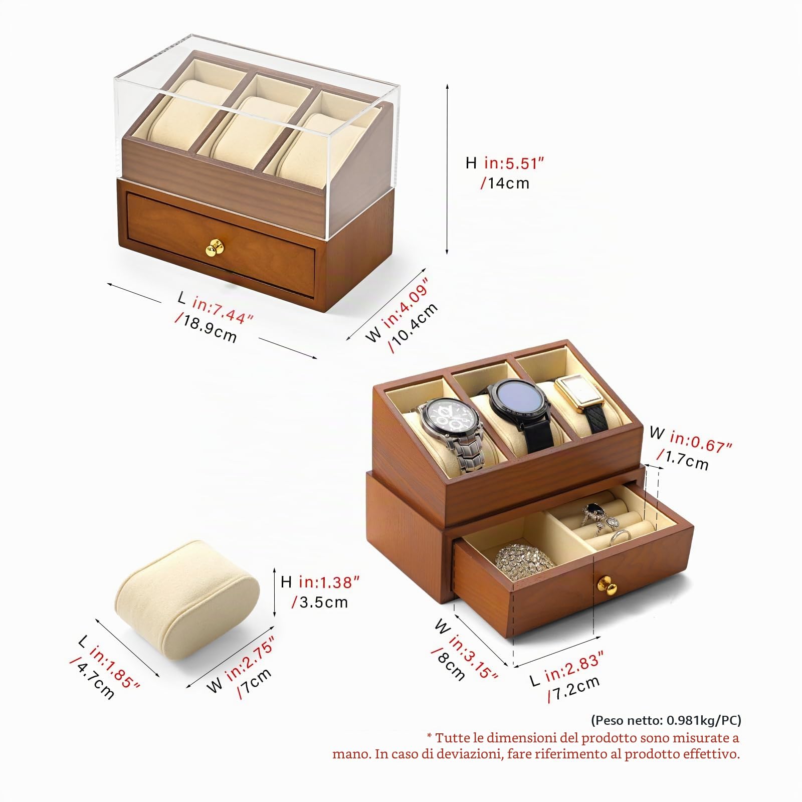 Oirlv Scatola Per Orologi In Legno Massiccio Con 3 Slot-2 Strati Organizzatore Di Gioielli Da Uomo-Espositore Per Orologi,Per Gli Amanti Degli Orologi (Bianco)