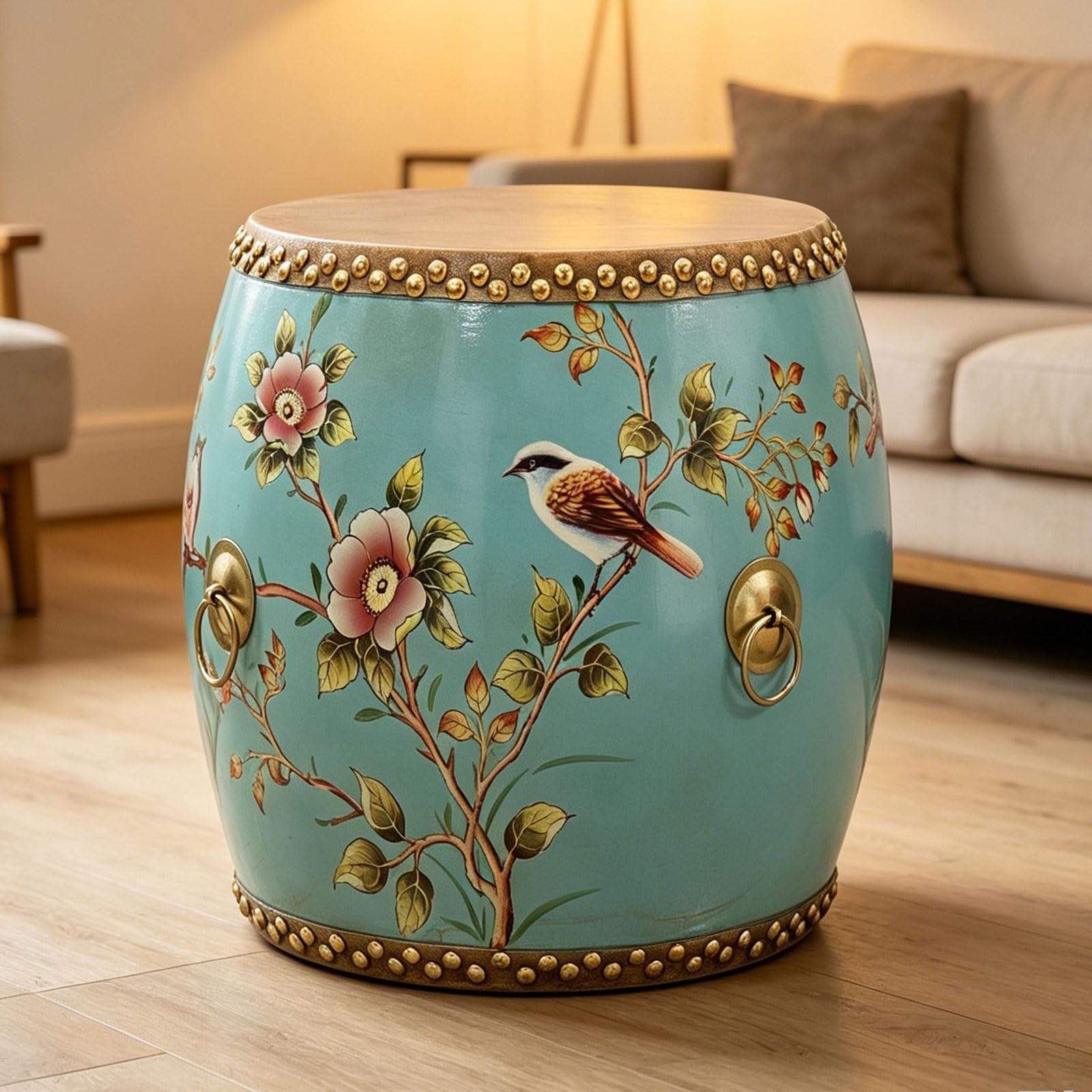 Tabouret tambour chinois en bois massif siege decoratif bleu de jardin