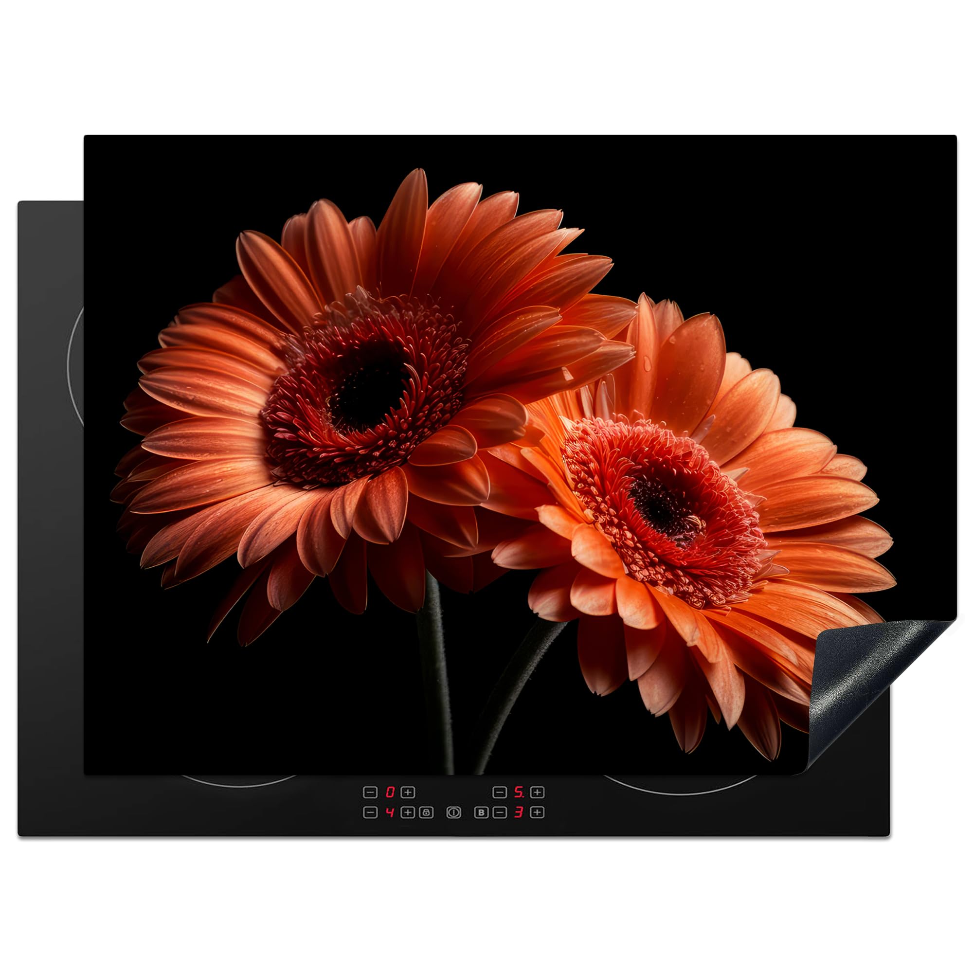 KitchenYeah© Induction Hob Cover Protector Mat 20.5"x27.6" / 70x52 cm Kitchen Universal Ceramic Covers for Electric Cookers Vinyl Flowers - Botanical - Gerbera - Orange - Black