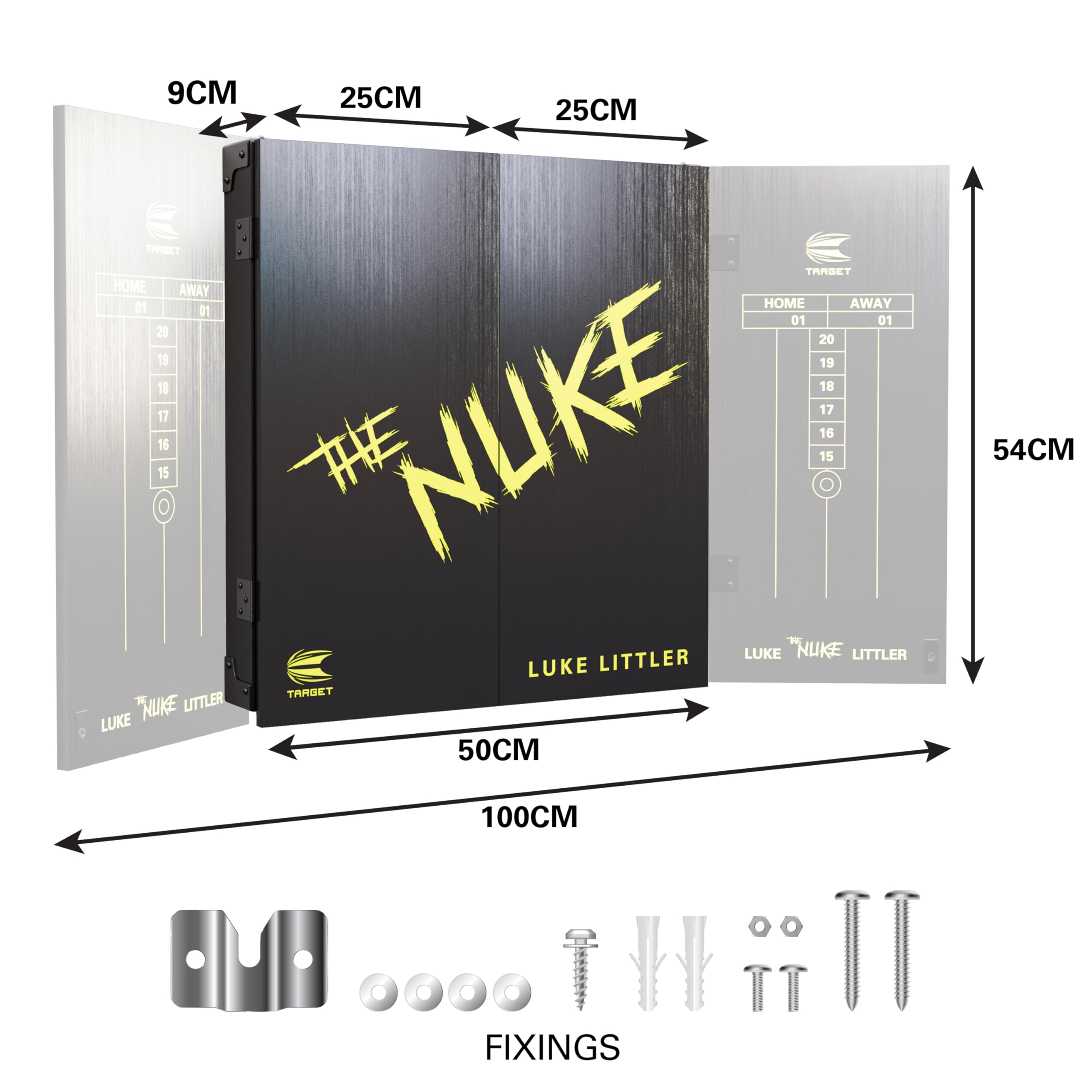 Target Darts Juego de Diana y Armario para Jugadores | Luke Littler/Dimitri Van den Bergh/Gabriel Clemens | Armario para Diana con 2 Juegos de Dardos con Punta de Acero, Tablas de Puntuación, Línea