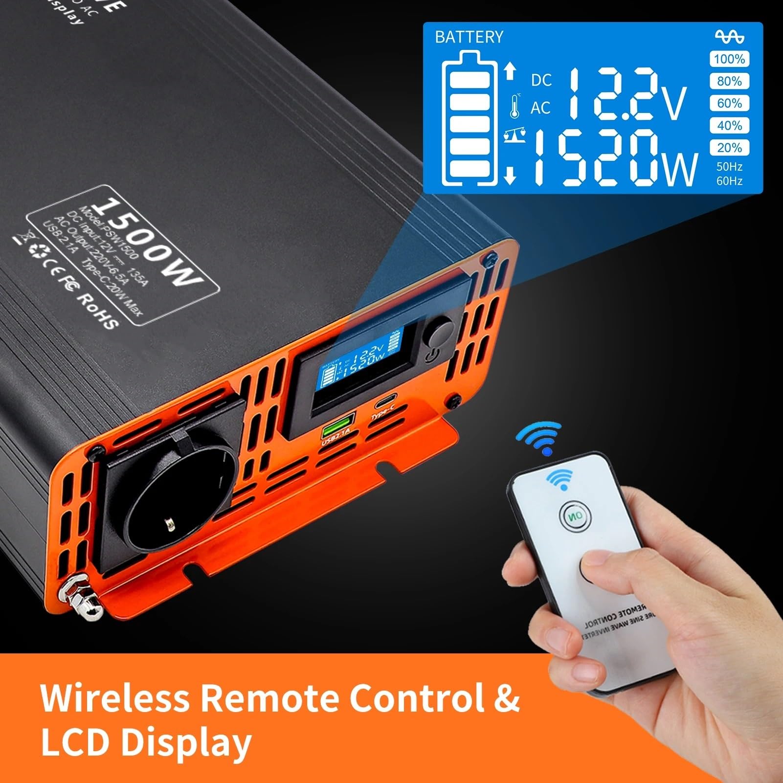 Inversor de Corriente Inversor De Onda Sinusoidal Pura Serie PSW 4000W CC 12V ~ 60V A CA 220V Potencia Continua 2000W(DC12V 1000W)