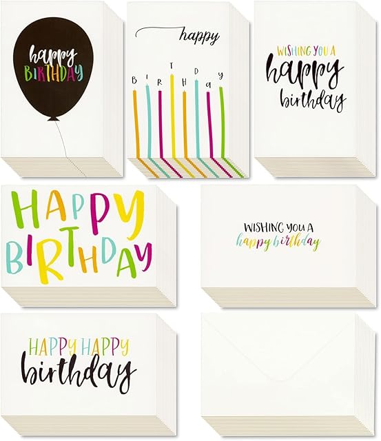 Happy Birthday Greeting Cards (48-Pack) - 6 Handwritten Modern Style, Colourful Designs - Blank on the Inside, Envelopes Included - 10 x 15 Centimetres