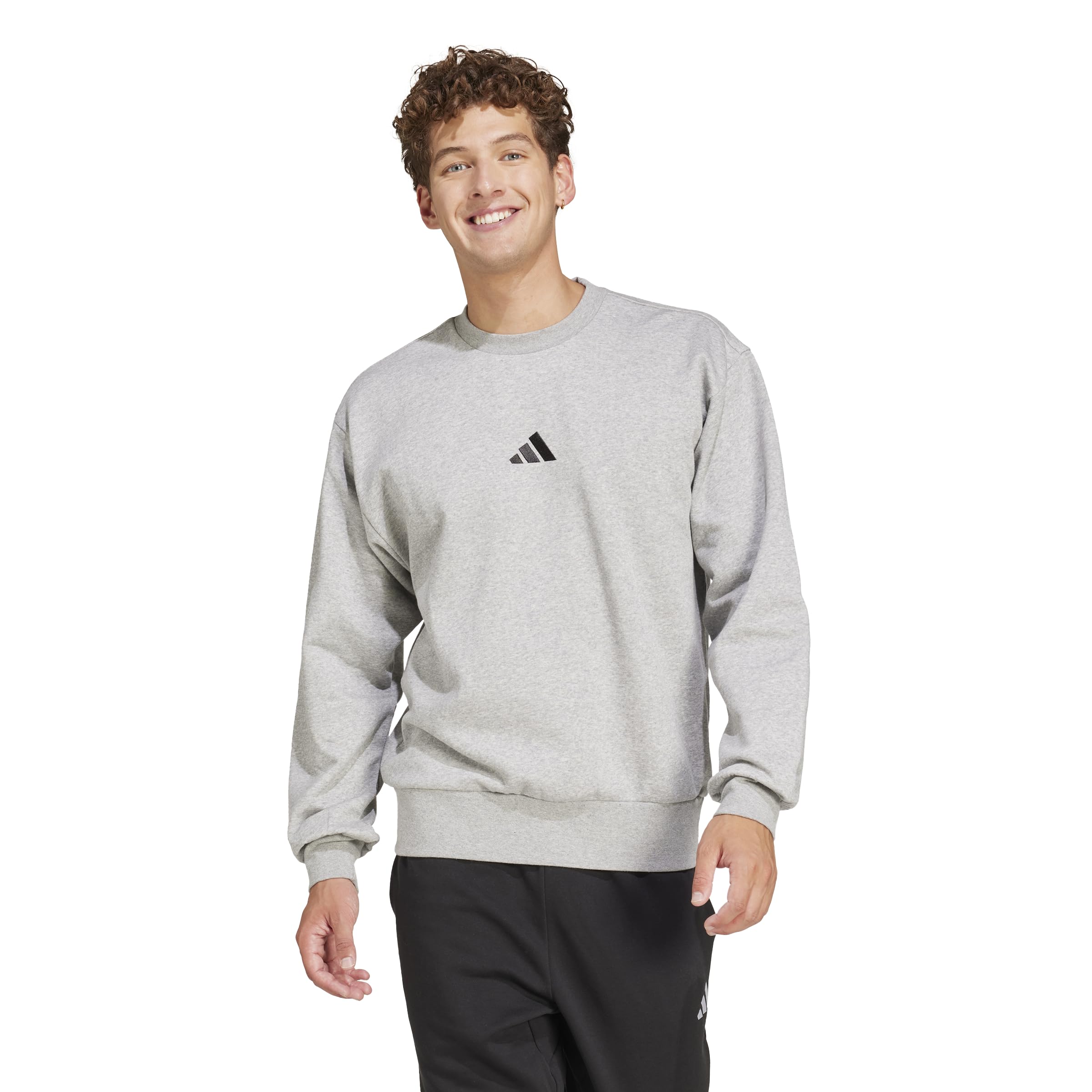 adidas Men's Essentials Feel Cozy Fleece Sweatshirt, Medium Grey Mottled/Black, XXL