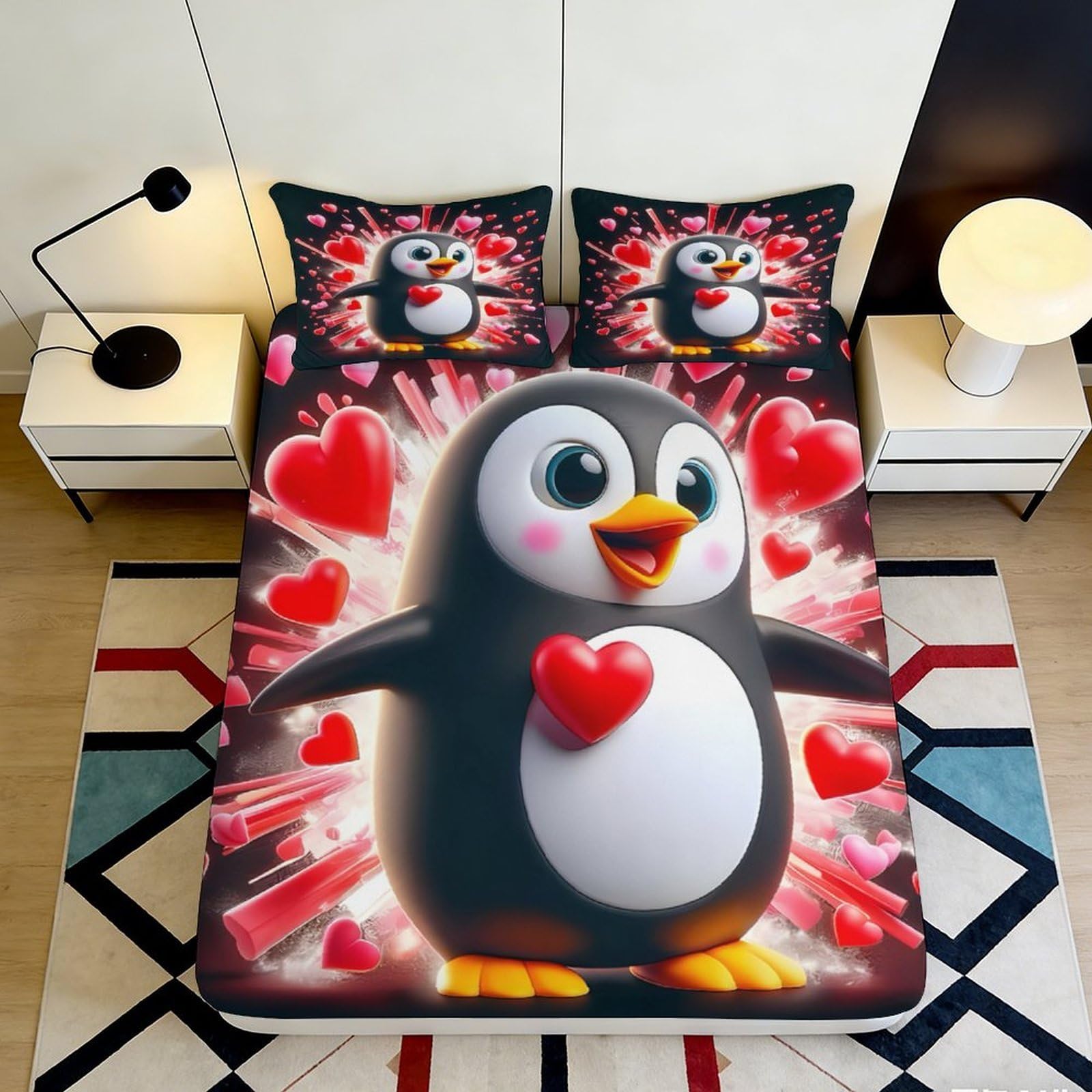 3D Printed Cartoon Penguin Fitted Sheet Microfiber Soft Red Heart Bed Cover for Bedroom Dorm Mattress Decor 120x200cm 120x200x25cm