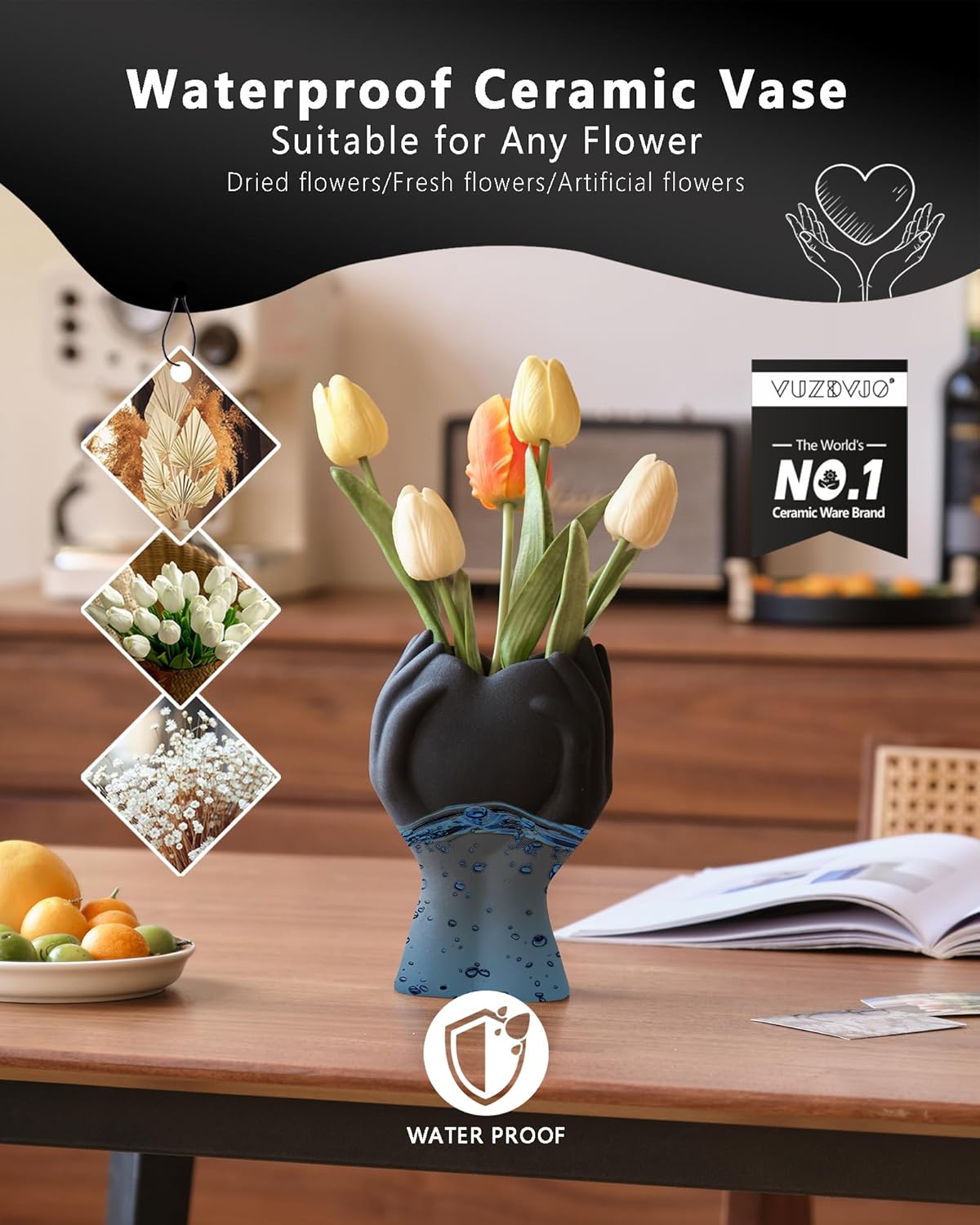 8" Heart Hand Black Ceramic Vase - Unique Modern Aesthetic Flowers Vase for Living Room Bedroom Office Kitchen Table Centerpiece or Shelf Decor-Gifts for Wedding Bridal Shower Women Mom (Black)