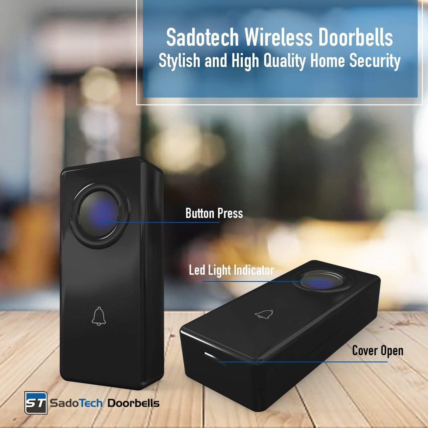 SadoTech Black Wireless Doorbell Kit: Crosspoint Wireless Doorbells for Home with 2 Push Button Transmitters and 1 Receiver - Waterproof, Long Range Wireless Door Bell - Battery Operated Door Bells - - 