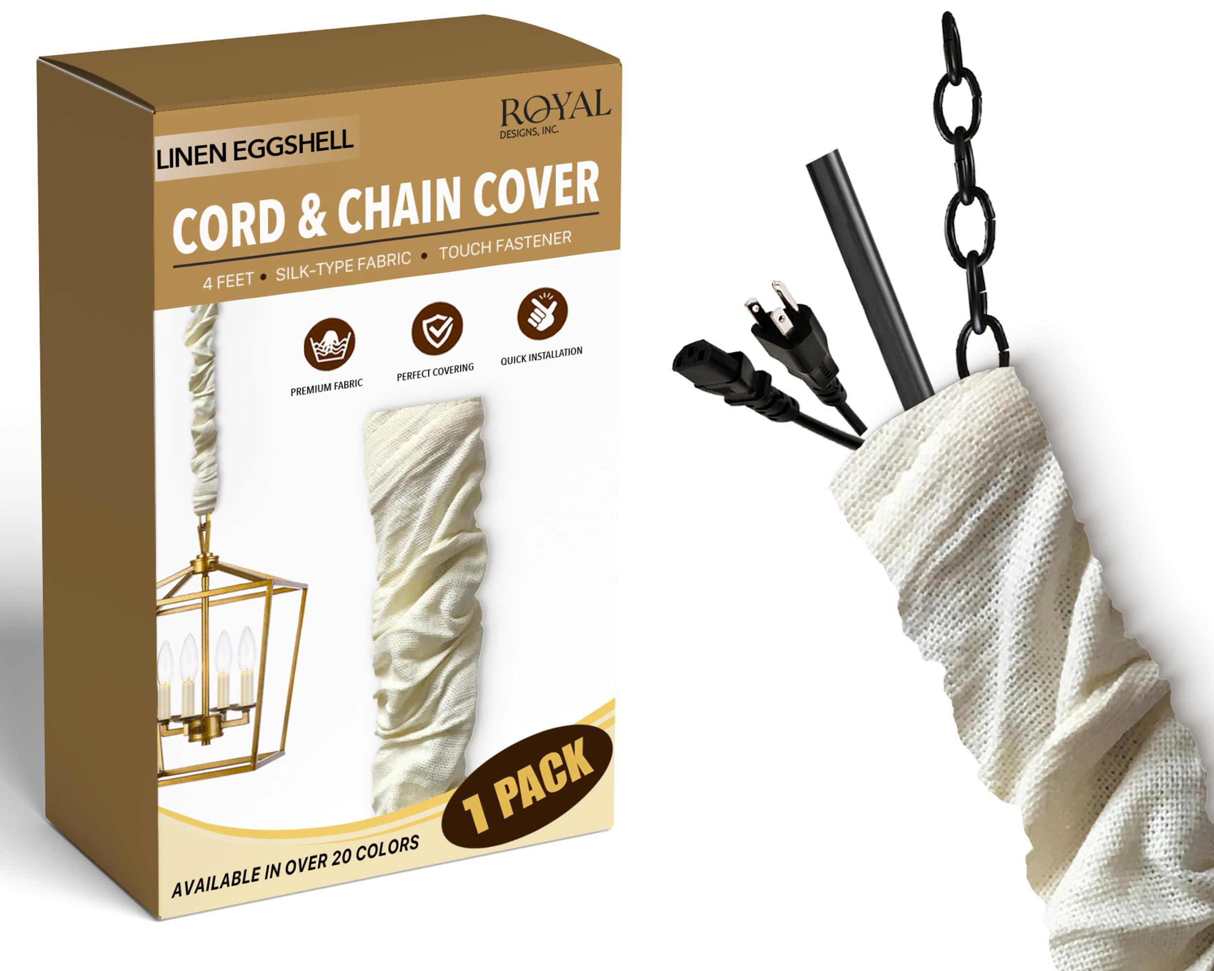 Royal Designs, Inc. Cord &amp; Chain Cover 4 ft Silk Type Fabric, Chandelier Pendant Lighting Chain &amp; Cable Management, Touch Fastener, Linen Eggshell - 1 Pack