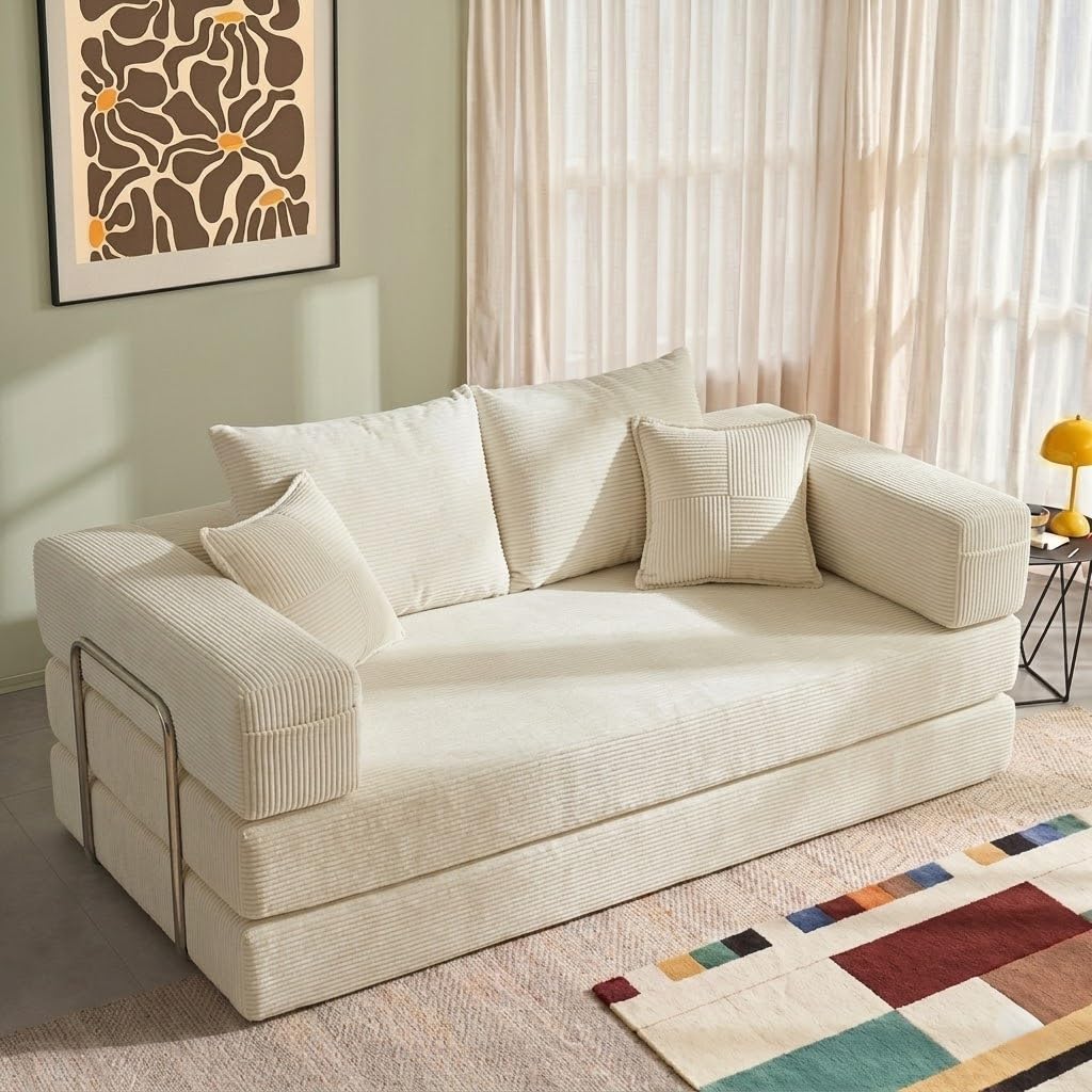 YINIX Cordstoff Schlafsofa 200cm, 5-in-1 Faltbares 3-Sitzer Bodensofa mit Metallrahmen, Modulares Gästebett aus hochdichtem Schaumstoff, Keine Montage
