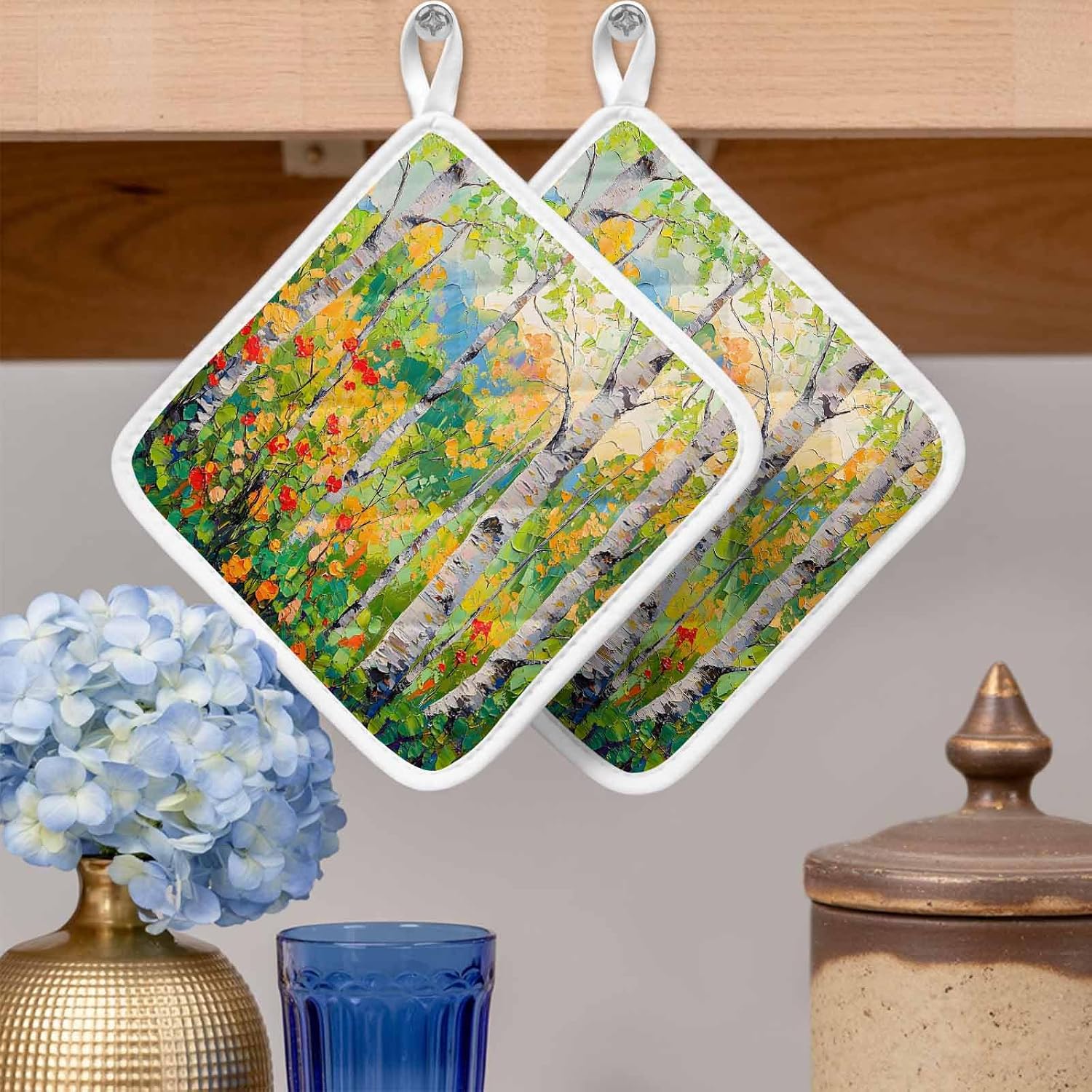 5 Pack Pot Holders for Kitchen, Green Oil Painting Hot Pads for Kitchen Countertops Oven Pot Holder Bulk, Modern Abstract Art Summer Botanical Heat Insulation Potholders with Hanging Loops