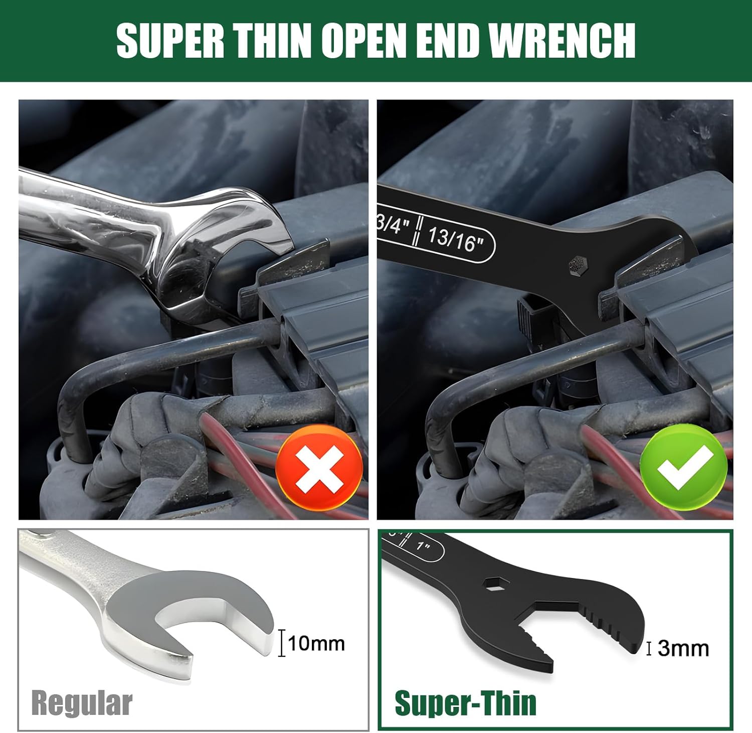 4-in-1 Super-Thin Open End Wrench Set, SAE, 4-Piece, 1/4", 5/16", 9/32", 11/32", 3/8", 1/2", 7/16", 9/16", 5/8", 11/16", 3/4", 13/16", 7/8", 15/16",1",1-1/16'',CR-MO Steel, with Rolling Pouch