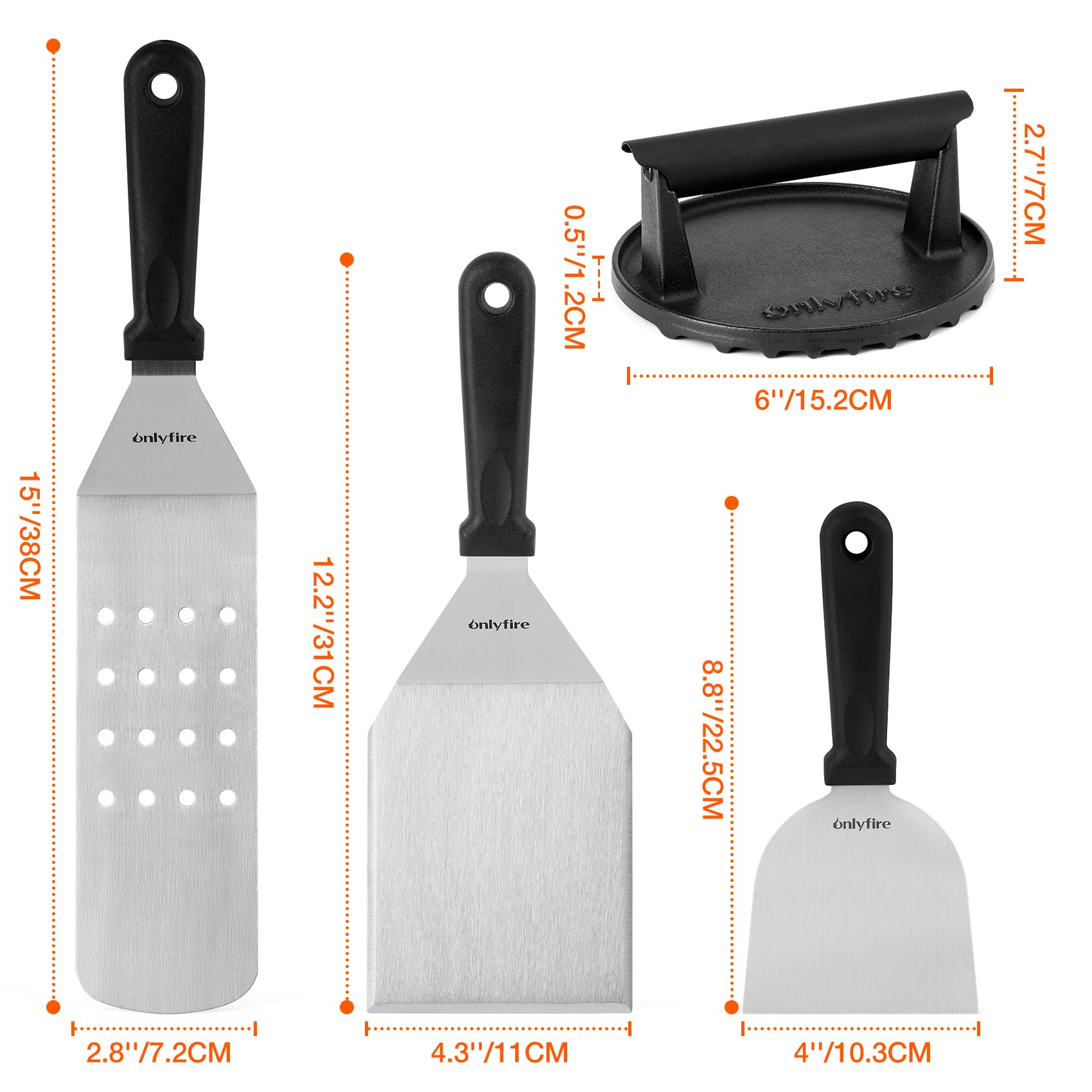 Onlyfire Set Accessoires Plancha 4 Pièces – Presse Burger Fonte, Spatule Perforée, Spatules