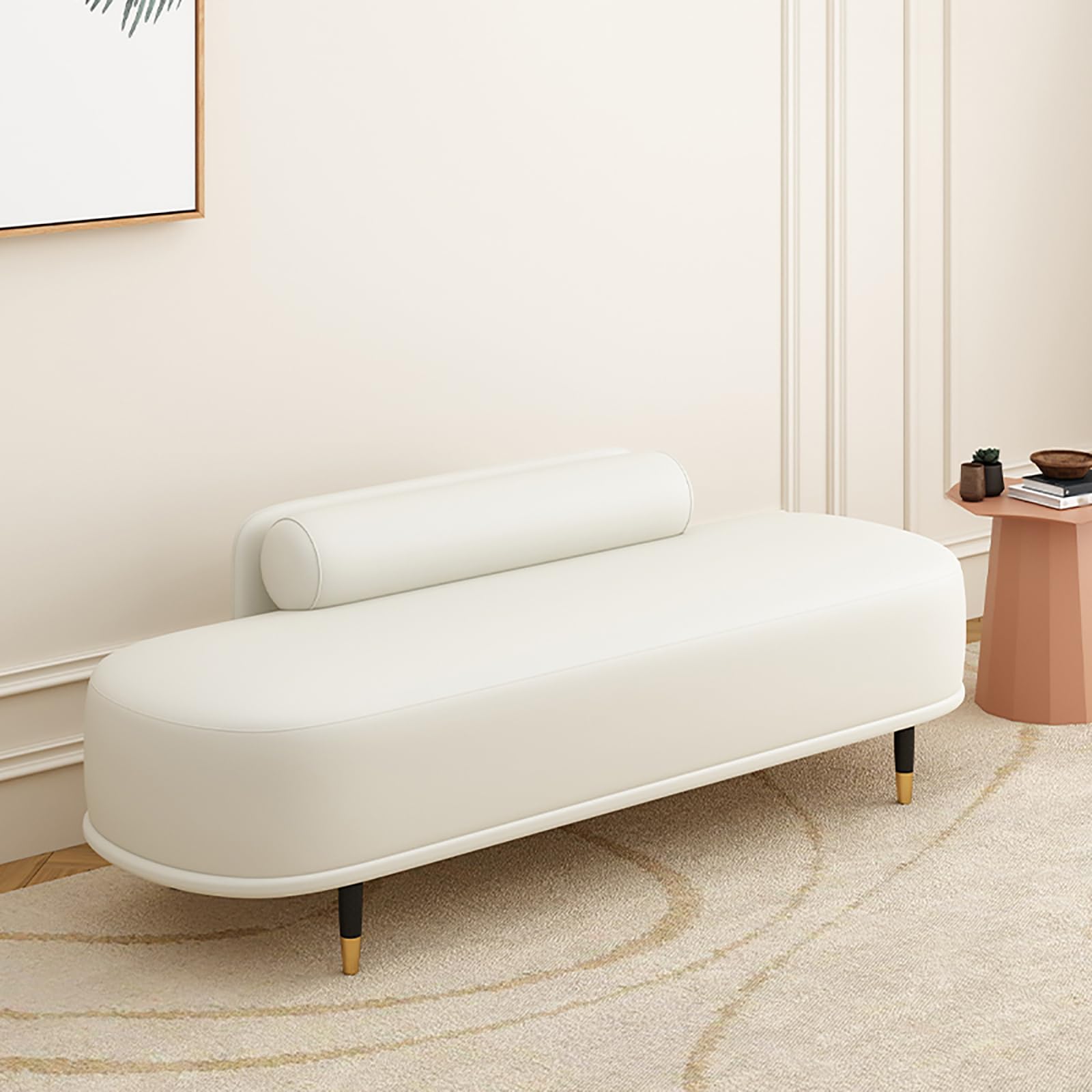 Elegancka ławka ze skóry syntetycznej, struktura litego drewna, stylowy schowek na buty z oparciem, do salonu, przedpokoju, biura (120 x 45 x 42 cm, biała)