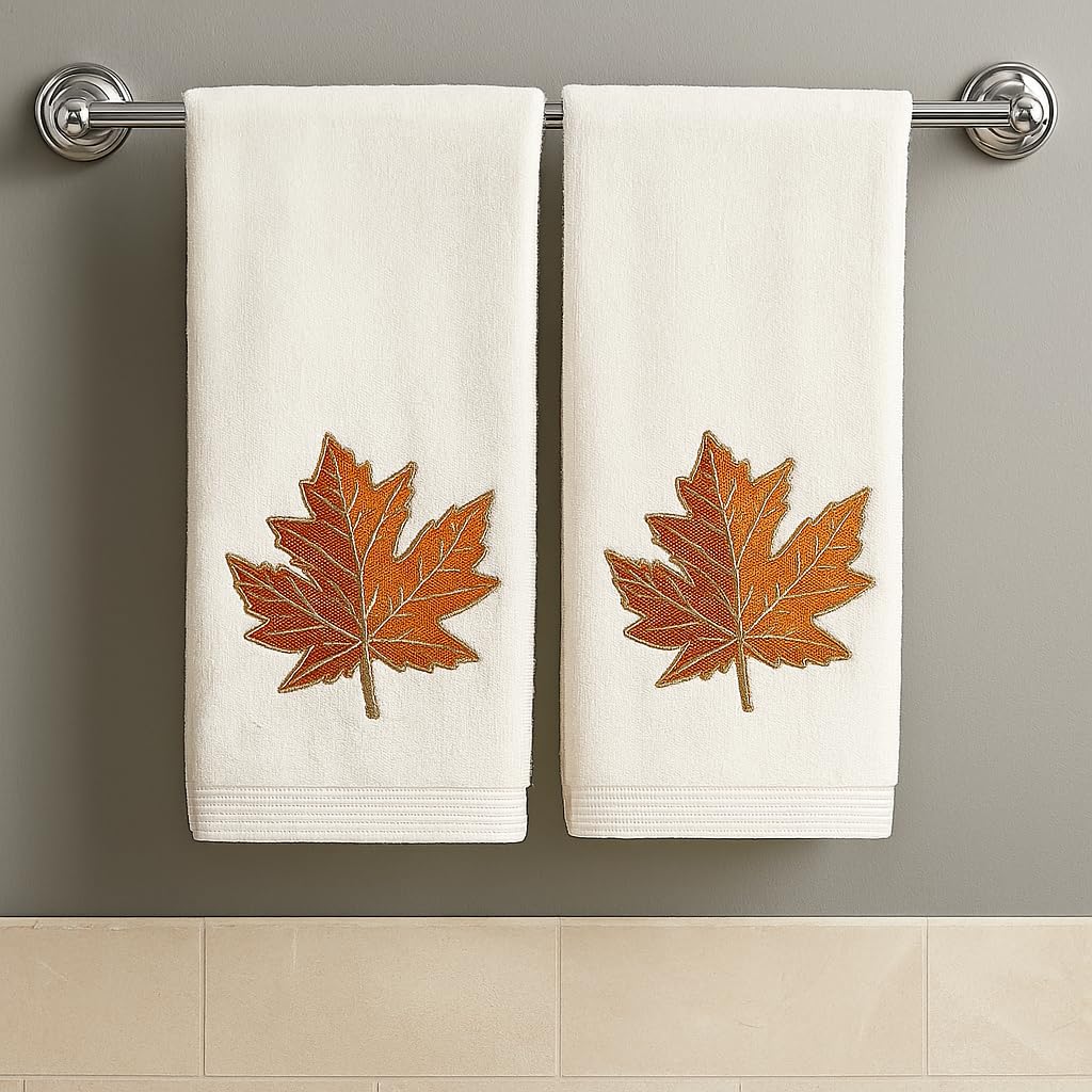 Autumn Hand Towels for Bathroom – Set of 2 White 100% Cotton Embroidered Maple Leaf Applique Design – 25 x 16” Decorative Bath & Kitchen Towels