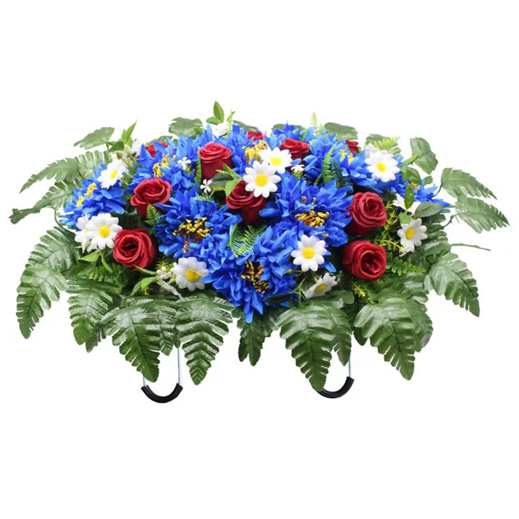 Selle de fleurs artificielles pour pierre tombale, fleurs de cimetière artificielles résistantes aux intempéries avec support commémoratif pour décorations pierres tombales extérieures, saphir