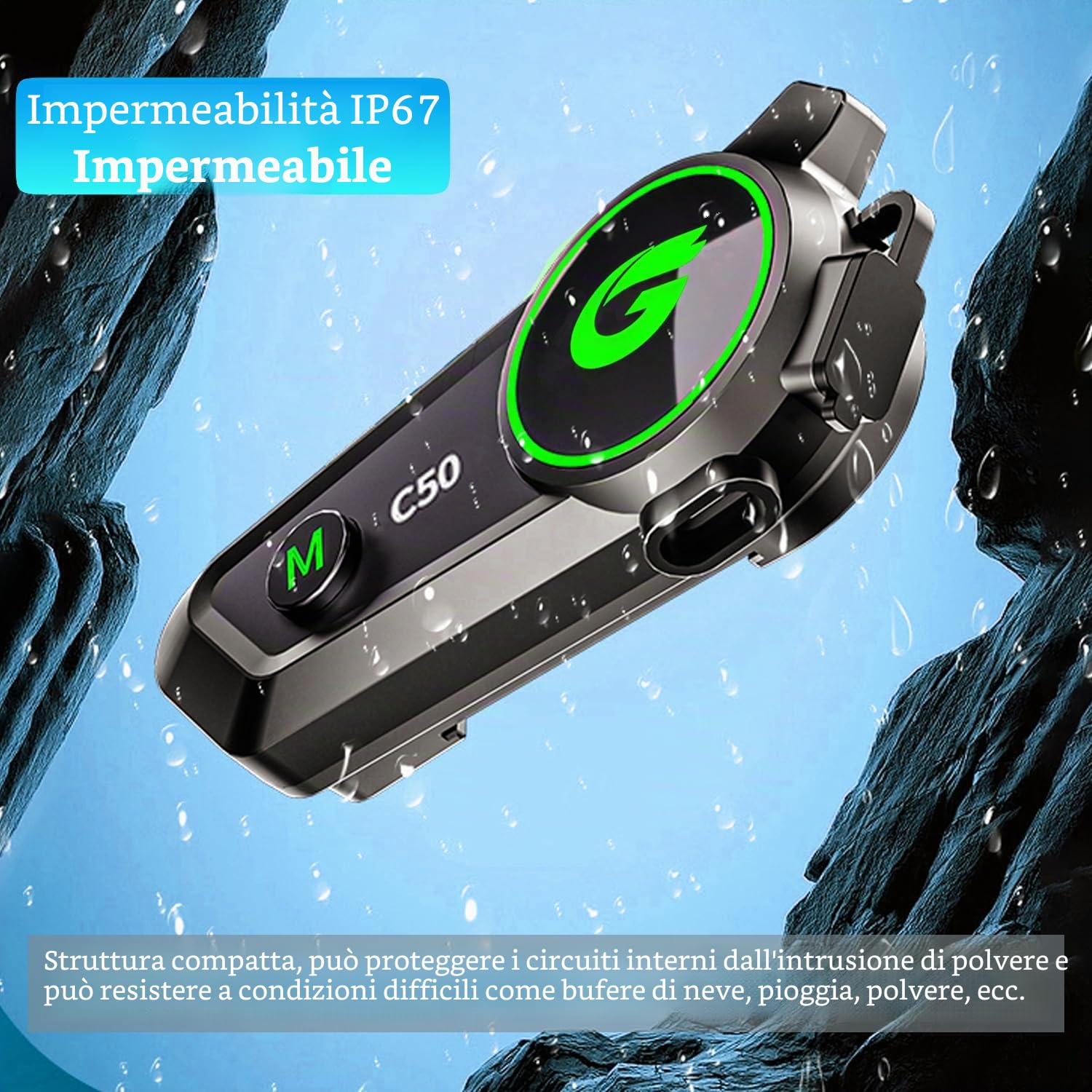 C50 Interfono Moto, Interfono Moto Bluetooth con Riconnessione Automatica, Casco Moto Auricolare con Risposta Automatica/Controllo Vocale/Impermeabile IP67(1Pack)
