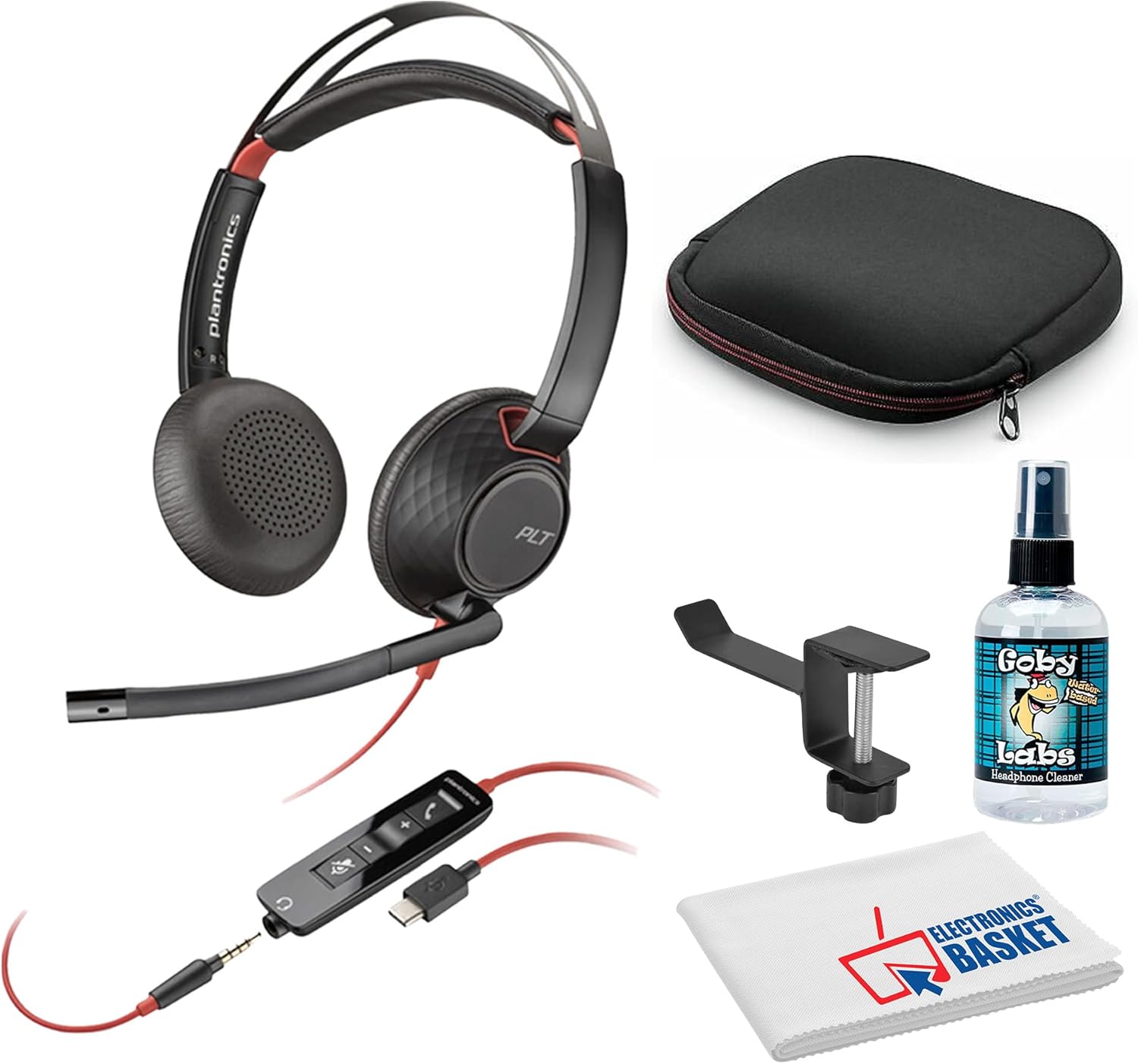 Poly Plantronics Blackwire 5220 Stereo Headset with USB-C to USB-A Adapter (8X231AA) Bundle Including: Goby Labs Cleaner, Holder, Fiber Cloth, Carrying Case
