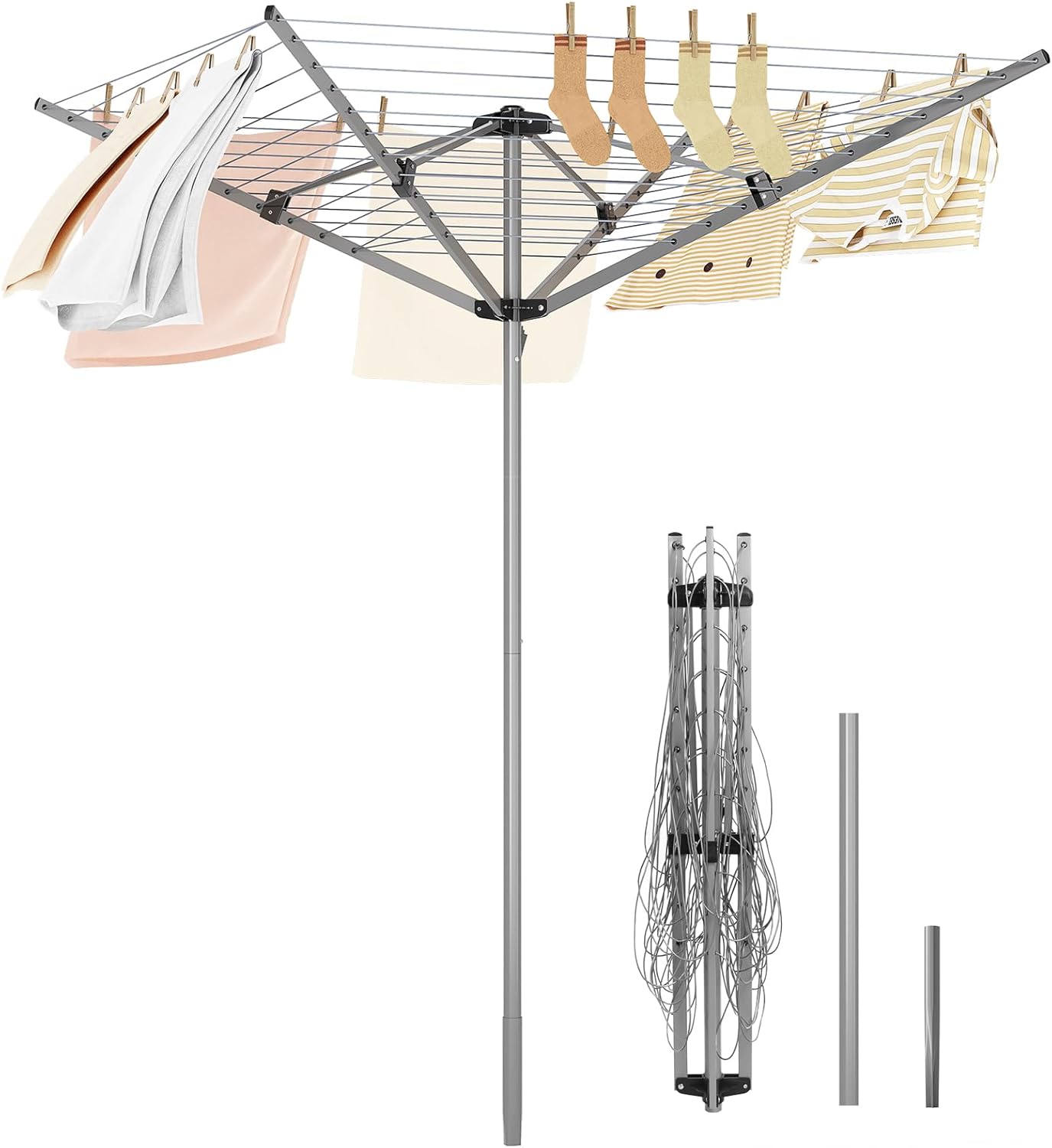 APEXCHASER Outdoor Umbrella Drying Rack, 4-arm Umbrella Clothesline for Laundry, 12 Lines with 131ft Drying Space, Collapsible Clothes Drying Rack for Backyard