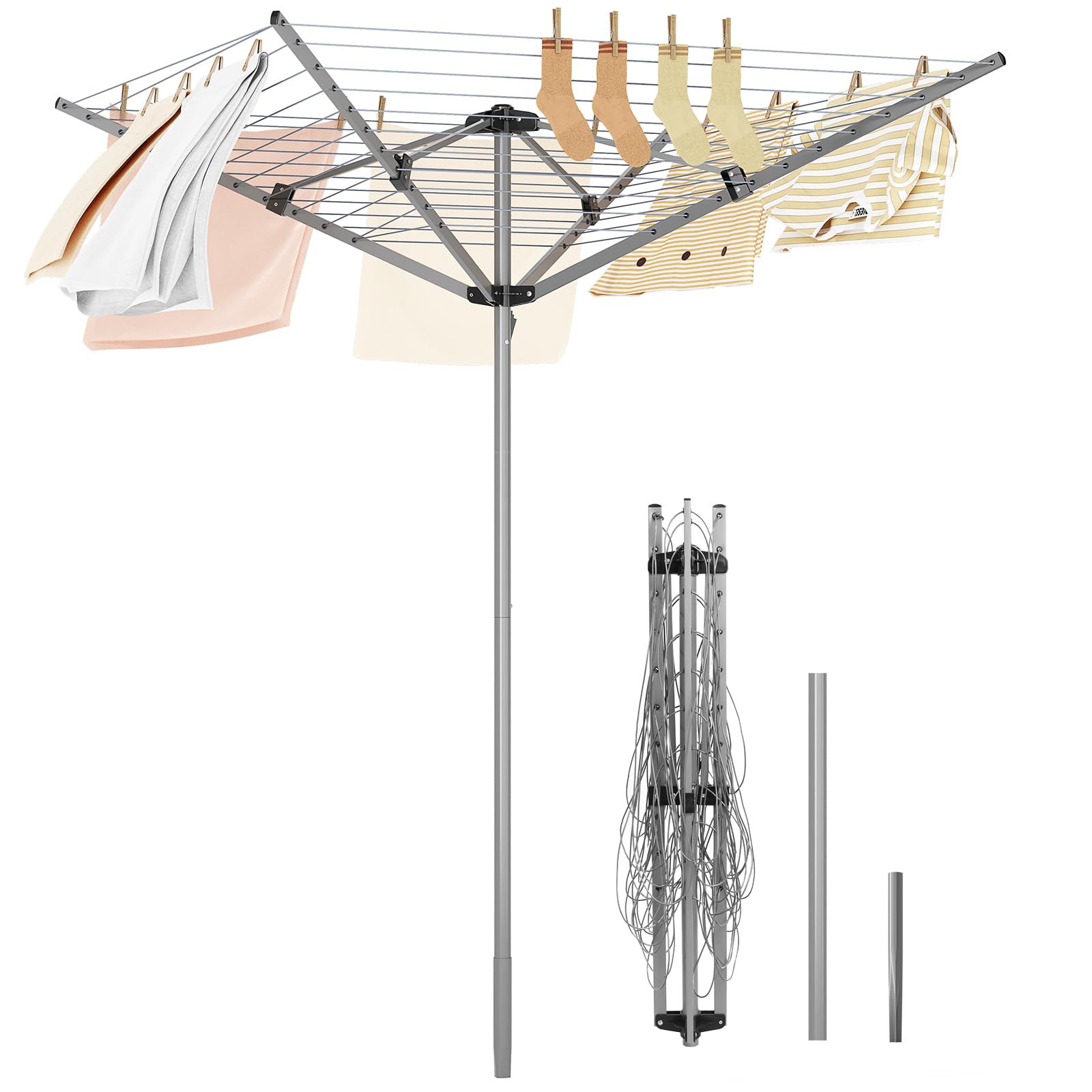 SYKIARIOL Rotary Washing Line, Outdoor Clothes Airer, Heavy Duty Garden Washing Line Rotary, Clothes Lines for Outside with Ground Spike (Grey, 40M)