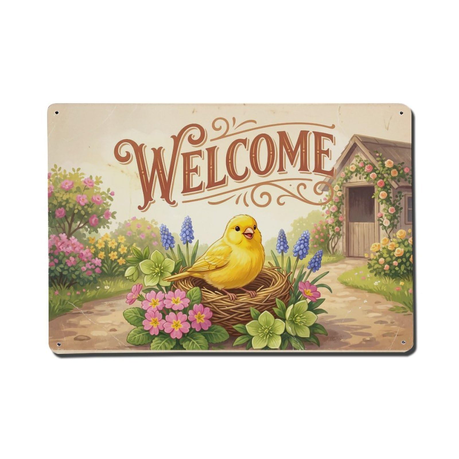 Vintage Welcome Canary Backyard Bliss Metal Tin Sign