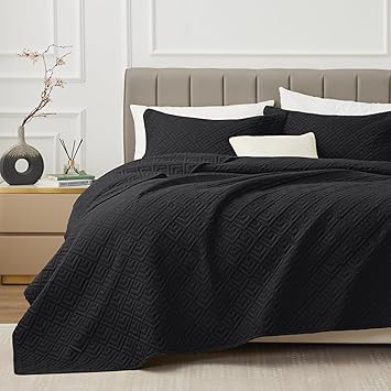 EXQ Home Quilt Set King Size Black 3 Piece,Lightweight Soft Coverlet Modern Style Squares Pattern Bedspread Set for All Season(1 Quilt,2 Pillow Shams)