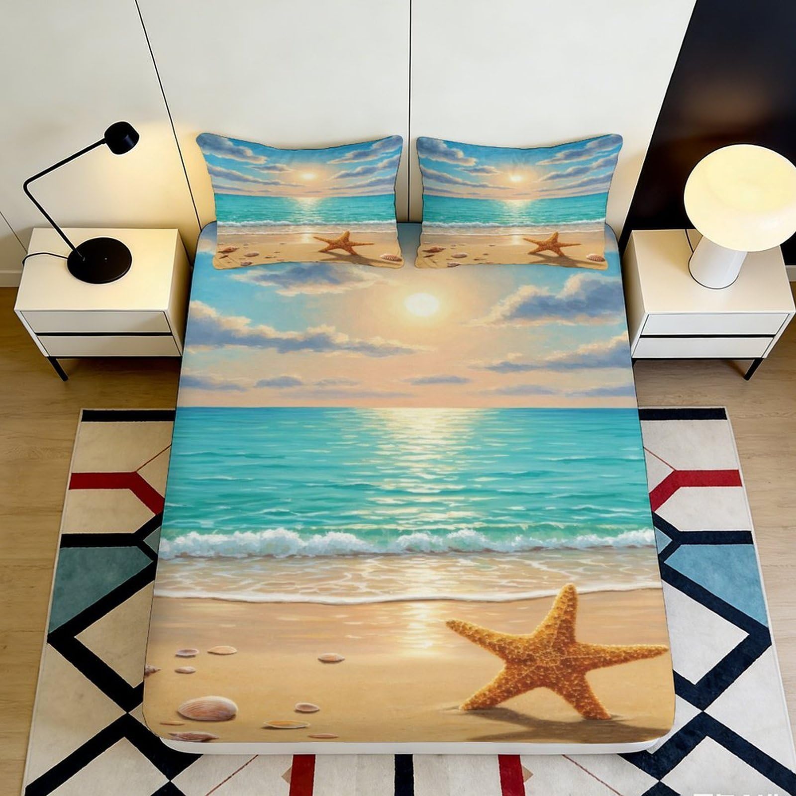 Uynsixtme Style-7 3D Printed Beach Scene Fitted Sheet Microfiber Non-Slip Deep Pocket Starfish Mattress Fitted Cover Bedroom Bedding Set 140X200x25cm
