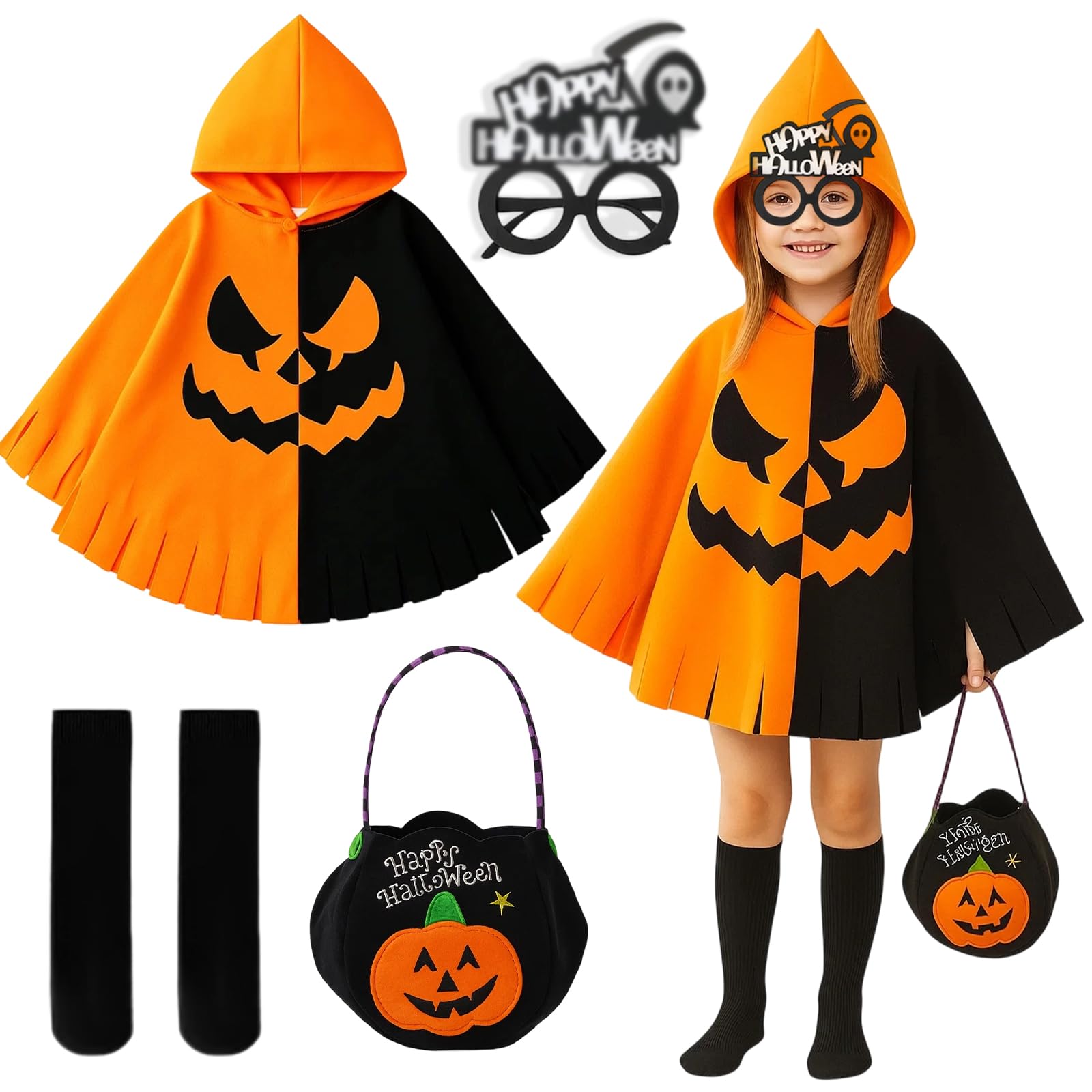 Pumpkin Costume Kids,Halloween Costumes for Kids,4 Set Include Pumpkin Cloak Socks Glasses and Bags,Girls Boys Costume for Carnival for 14+ Years Old