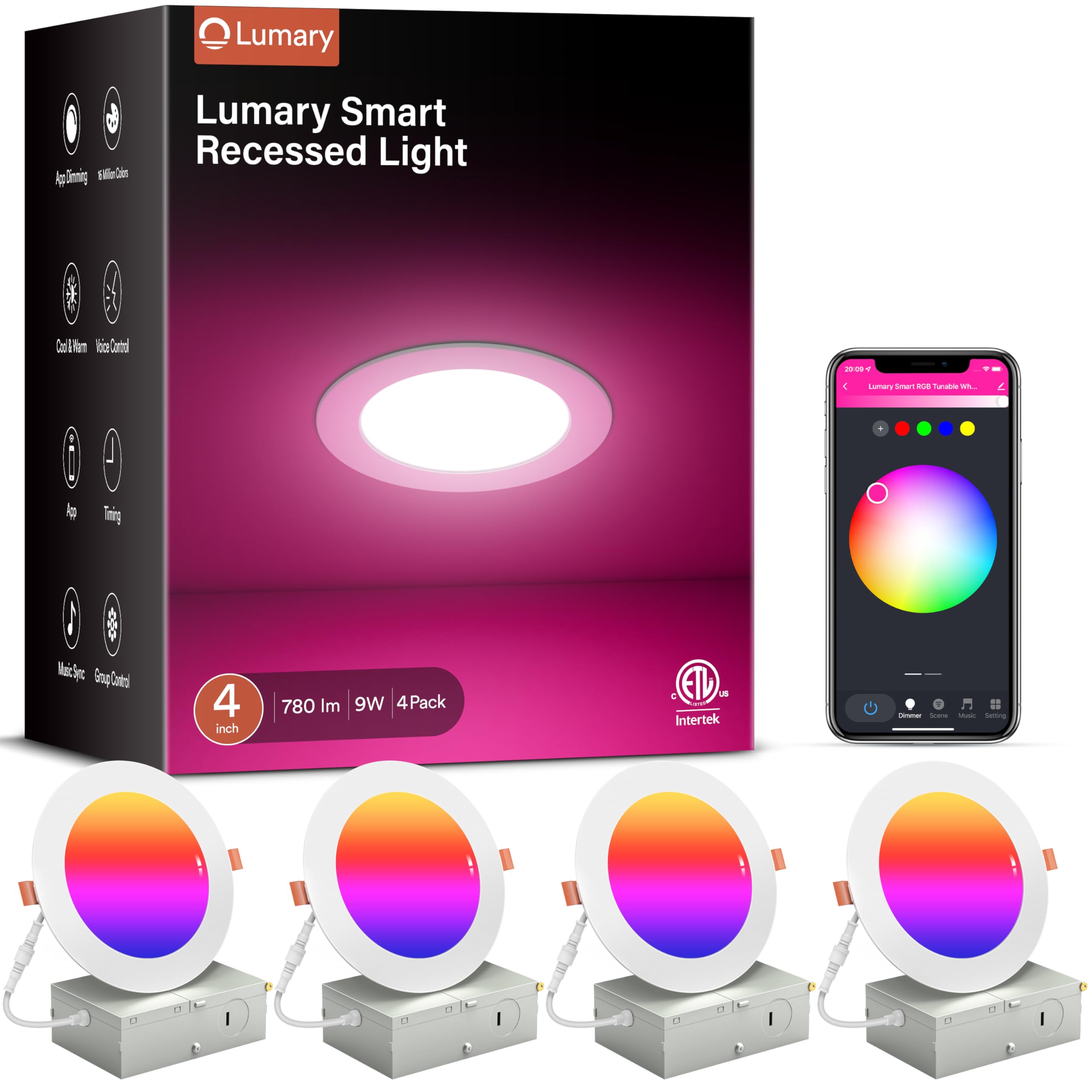 Lumary 4 Inch Smart WiFi Recessed Lights, 9W 780LM RGBWW Color Changing Canless Recessed Lighting with Junction Box, Compatible with Alexa & Google