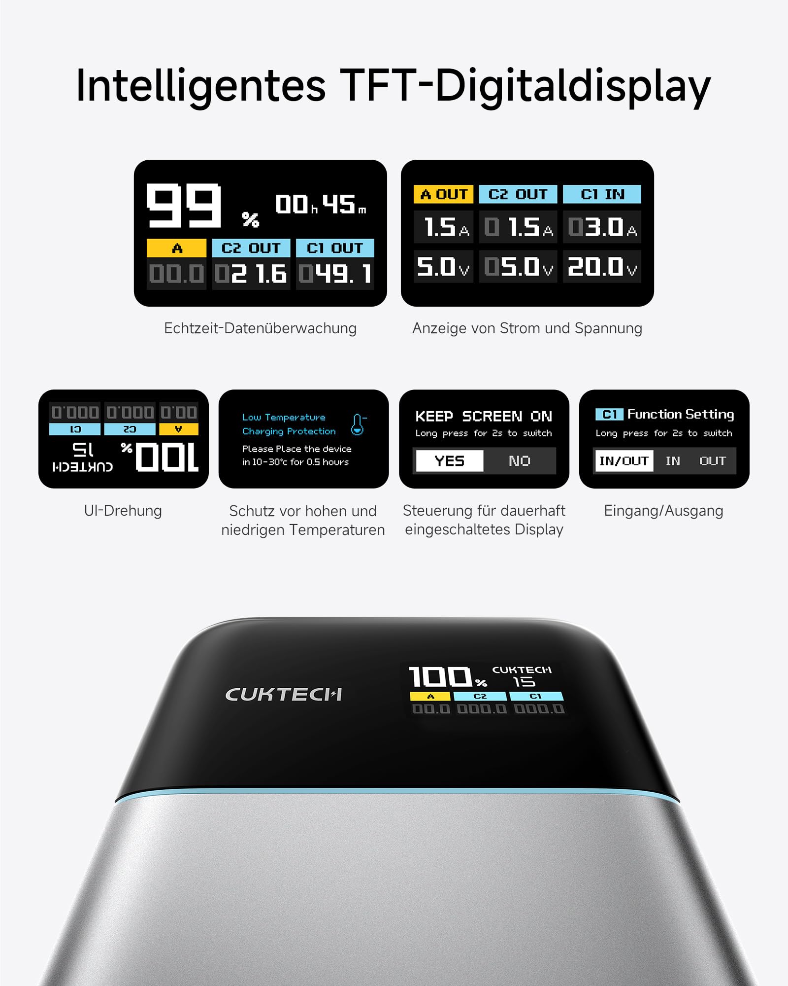 CUKTECH 15 Air 15000mAh Power Bank, Gesamt 100W Powerbank mit digitalem Display und Schnellladefunktion, USB-C Akkupack für iPhone 16/15/14/13, Samsung Galaxy, Dell, iPad, AirPods u.v.m.