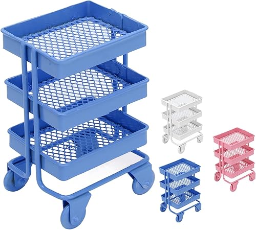 Miniatura 8 de Carrito de casa de muñecas en miniatura 1:12, carrito de compras de 3 capas, estante de exhibición con ruedas, decoración de muebles de cocina (azul)