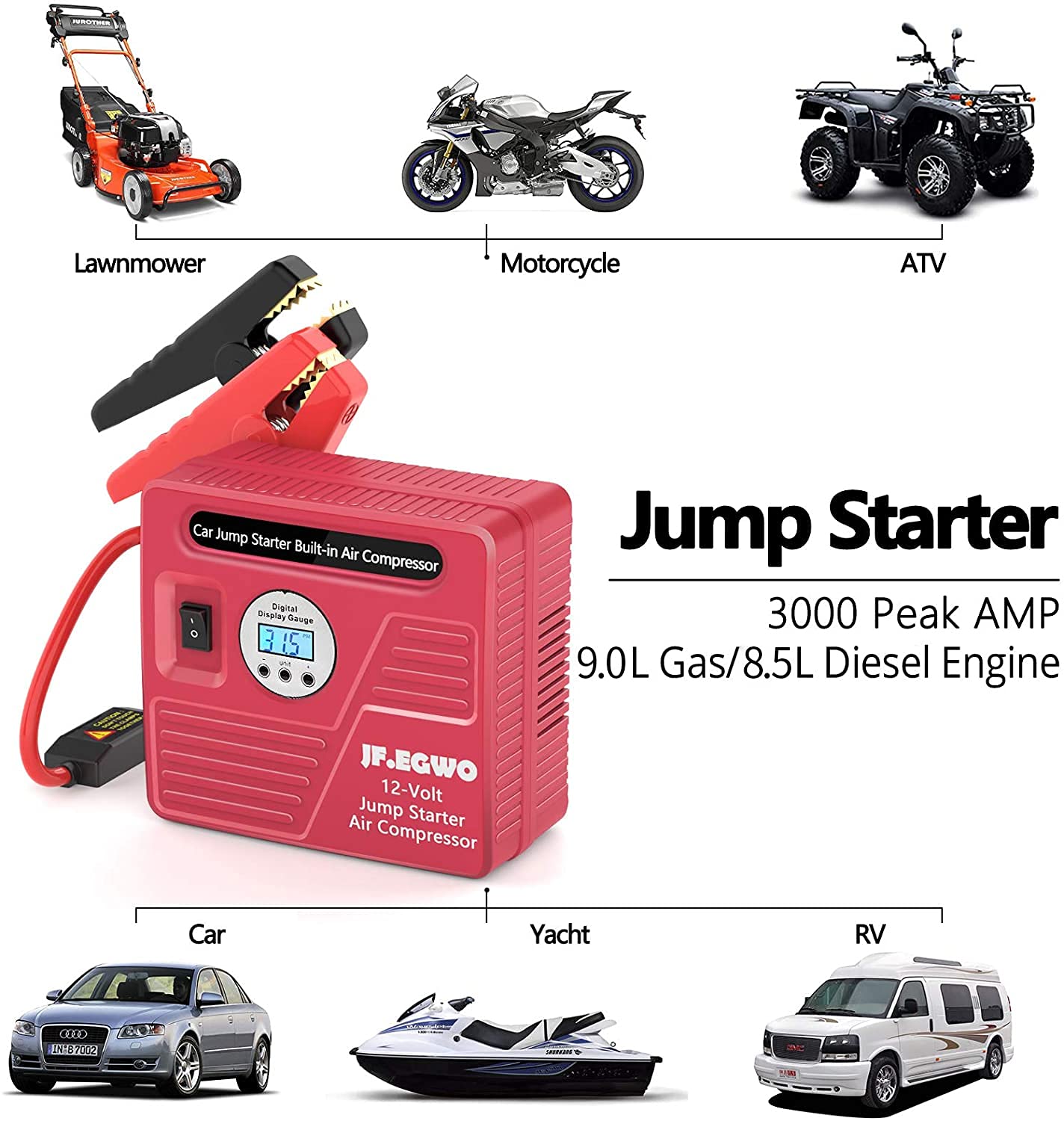 Buy 3000Amp Car Jump Starter with Air Compressor, 150PSI Tire Inflator