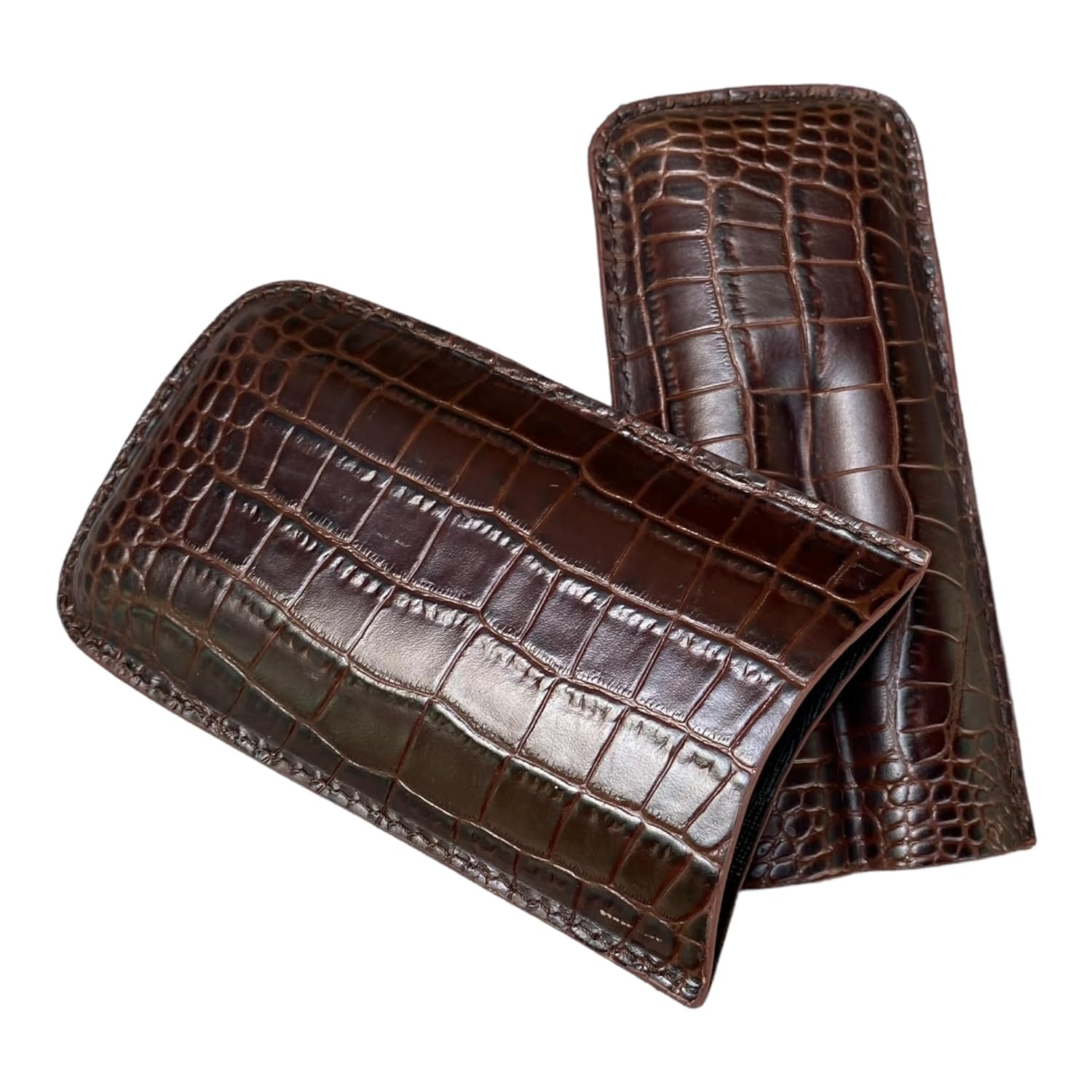 Printed Alligator Pattern Cowhide Leather Cigar Case, Luxury Genuine Leather Cigar Case, Cigar Humidor, Gift for Him, 2 Tubes Luxury Cigar Case for Cigar Ring Guage Under 52 (Dark Brown)