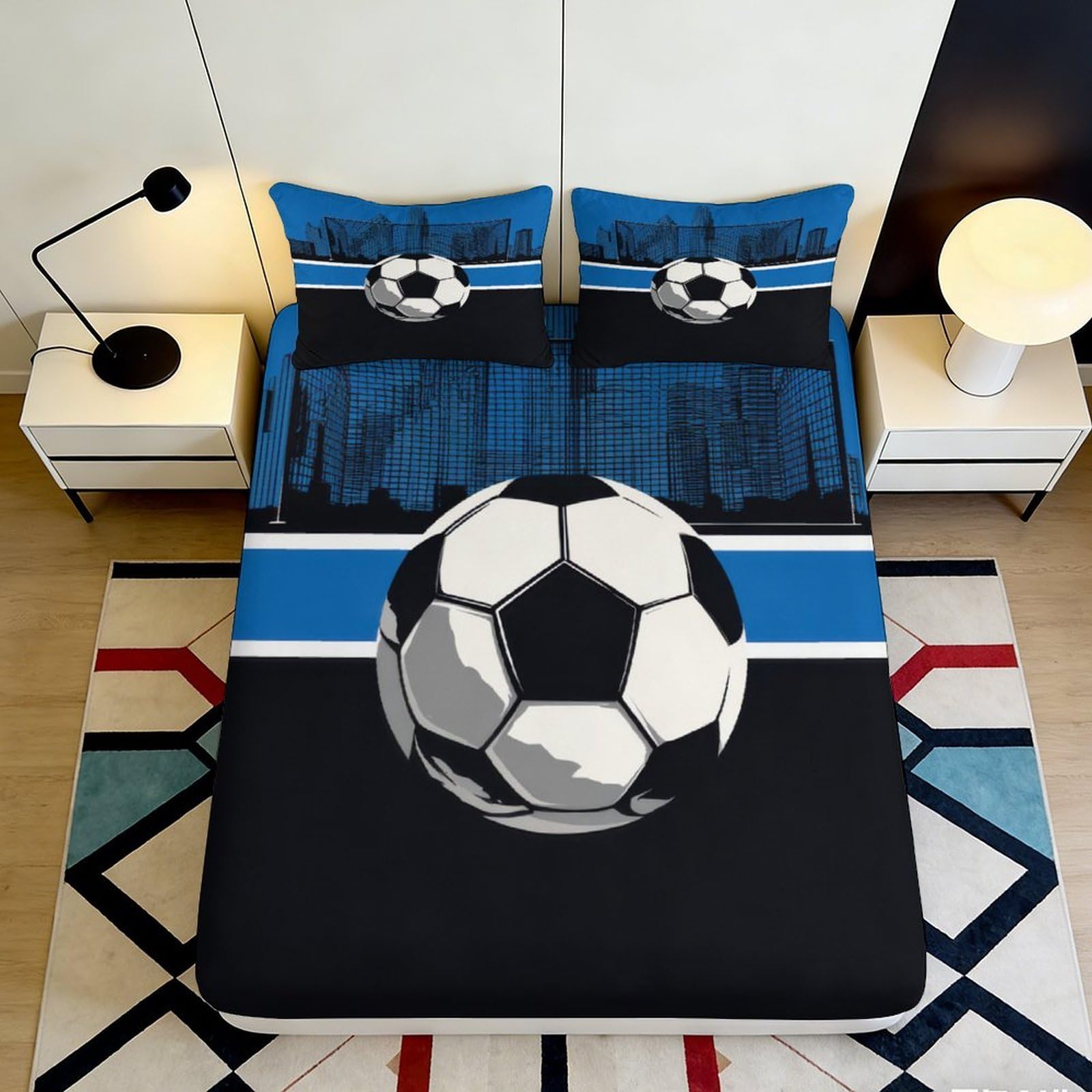 3D Printed Soccer Ball Fitted Sheet Microfiber Soft Black Blue Football Field Mattress Cover for Bedroom Guestroom Decor 90x200x25cm