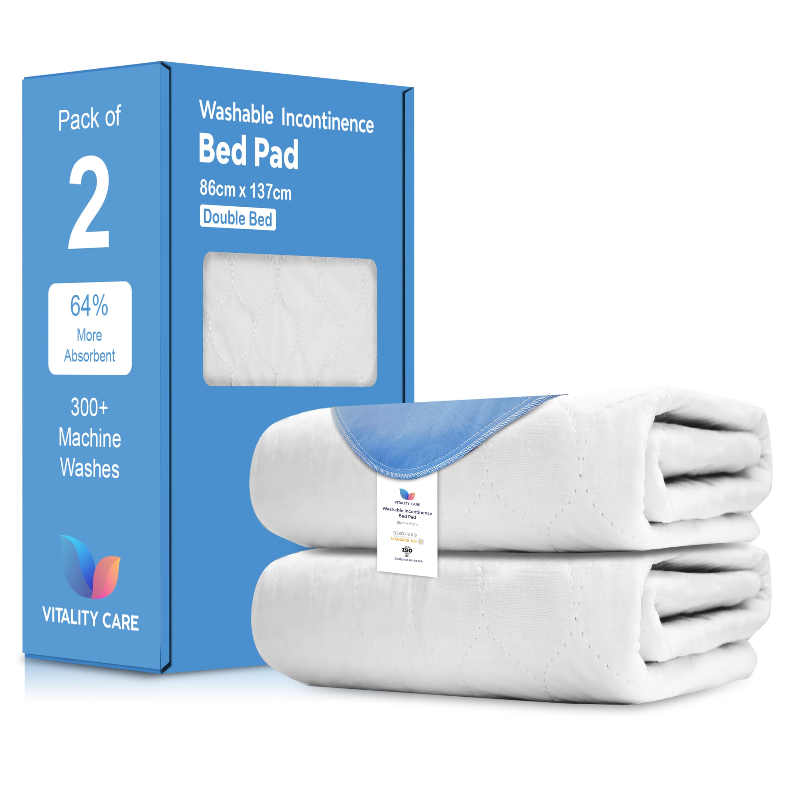Vitality Care White Washable Incontinence Bed Pads, Waterproof Mattress Protector, Absorbent Reusable Bedding For Adults, Children, Elderly, 86 X 137 Cm, Pack Of 2