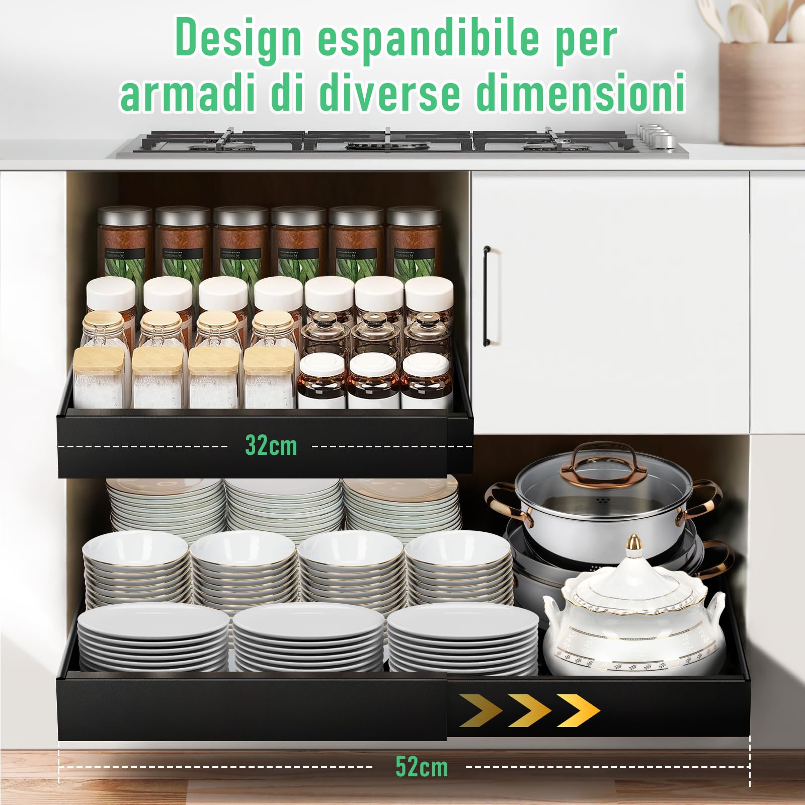 Cassetto Estraibile Per Mobile Cucina - Organizzatore Con Adesivo, 25x43x7 Cm, Nero, No Foratura - Foto 1