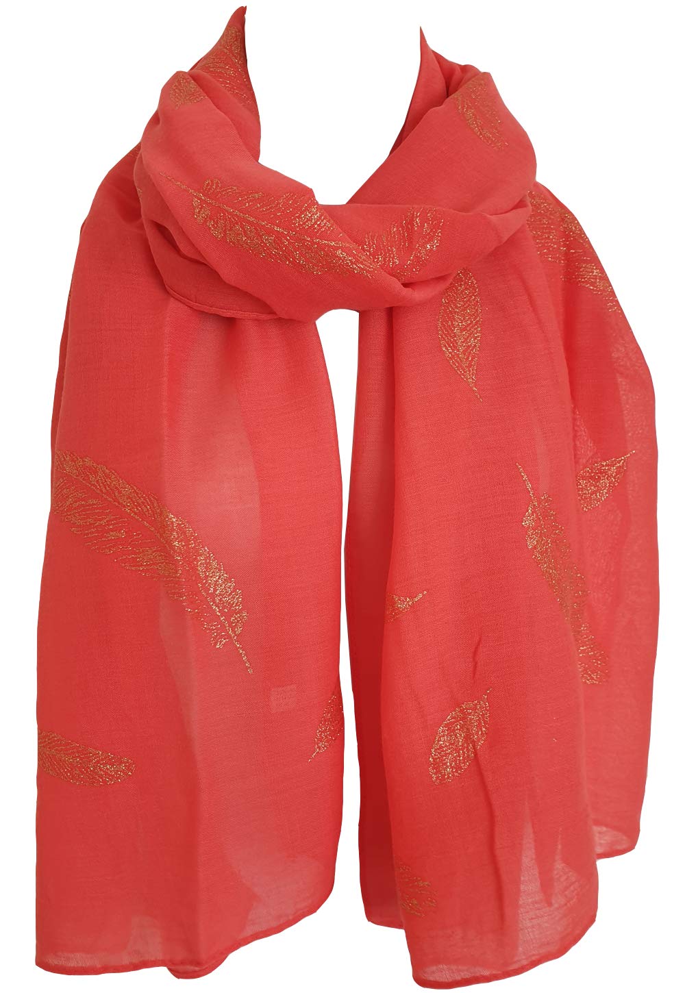GlamLondon Feathers Scarf Rose Gold Glitter Foil Feather Print Ladies Party Wedding Fashion Wrap (xl-8020-Coral)