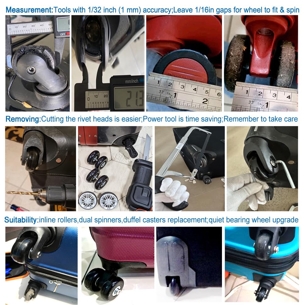 Luggage Suitcase Replacement Wheels Set of 4 PU Bearing Wheels-Install Width 0.8in/21mm with 3 Size Axles and Hacksaw for Trolley Bag Drawbar Box Smooth Rolling Repair(45mm x 18mm)4