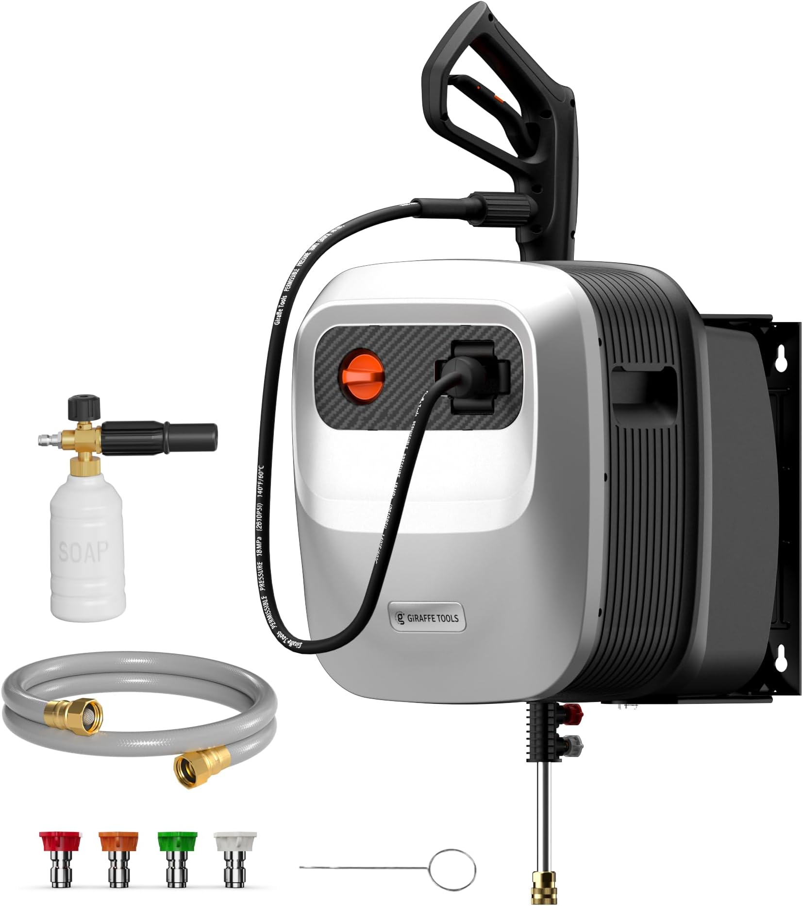 Giraffe Tools Grandfalls Pressure Washer G20B Pro, 2500 PSI 2.2 GPM, Wall Mounted Power Washer with 65FT Hose Reel, Black Pressure Hoses, 4 Nozzles for Floor/Cars/Fences/Patios, Light Silver