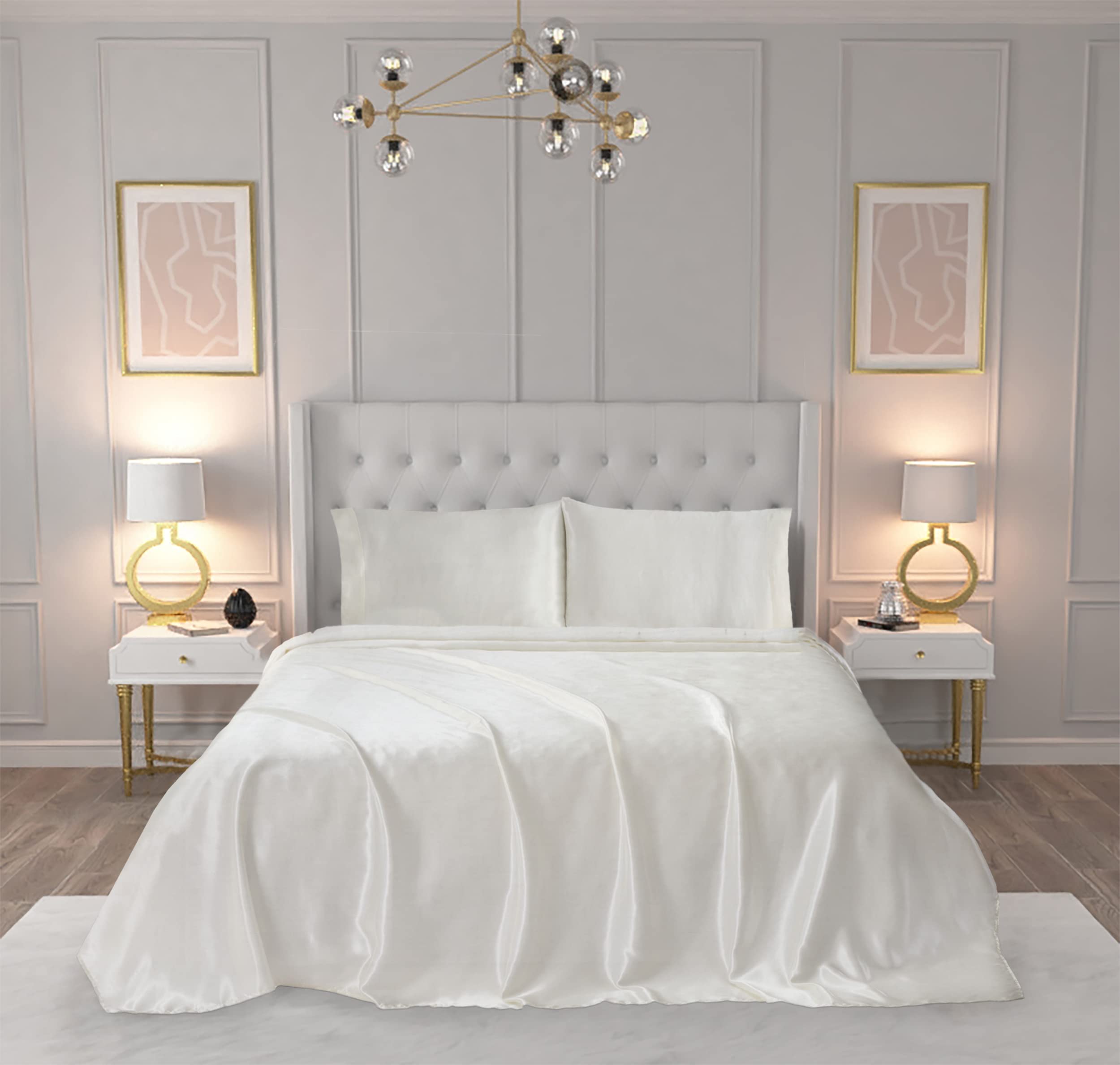 Juicy Couture Queen Size Satin Bed Sheet Set, Deep Pocket Silky Queen Sheet Set with 1 Fitted Sheet, 1 Flat Sheet and 2 Pillow Case, Wrinkle Resistant and Anti Pilling Bed Sheets - Ivory